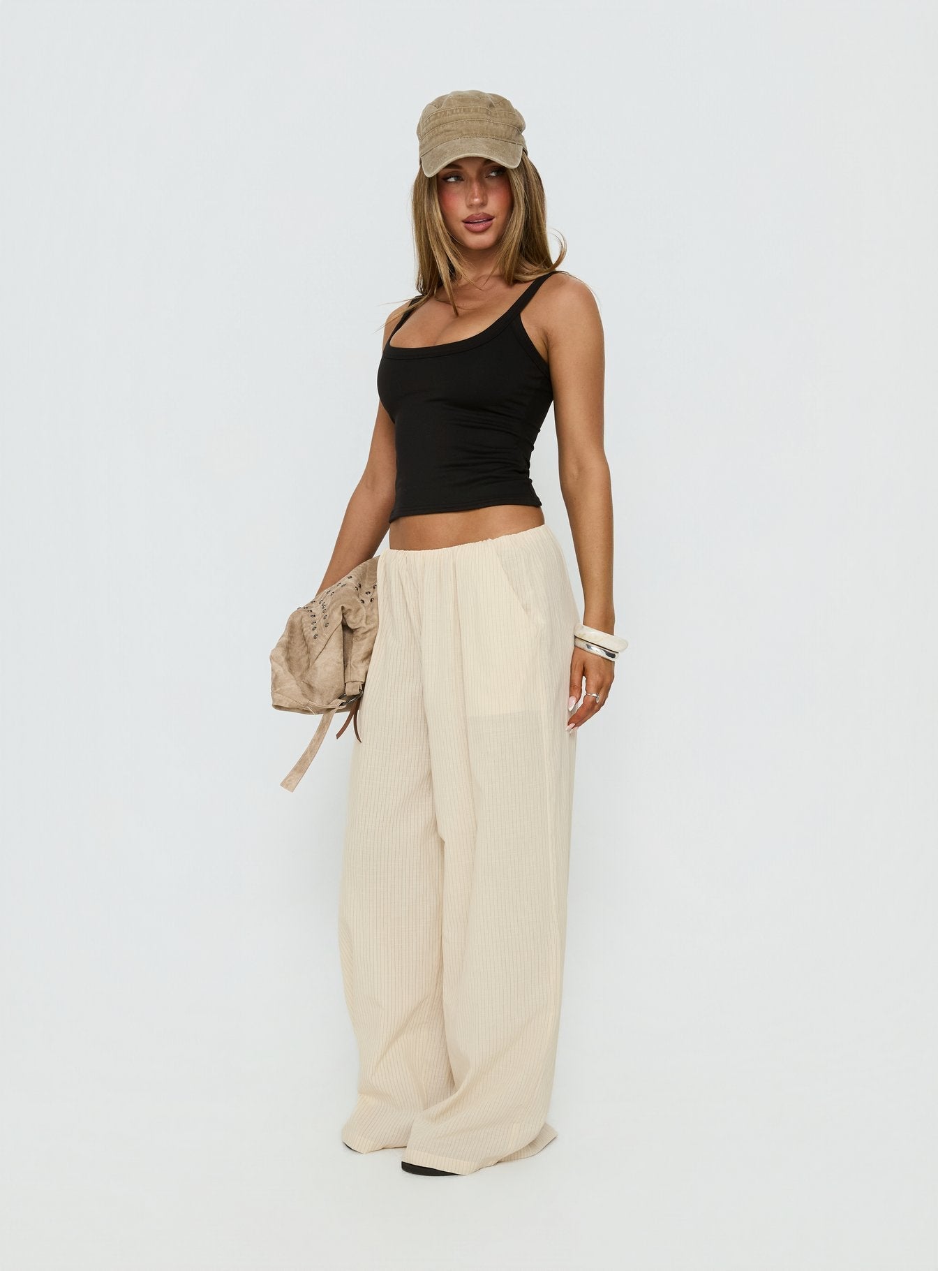 Lunea Concealed Waistband Pants Beige Stripe - loose fit women's bottoms by Ellevoria