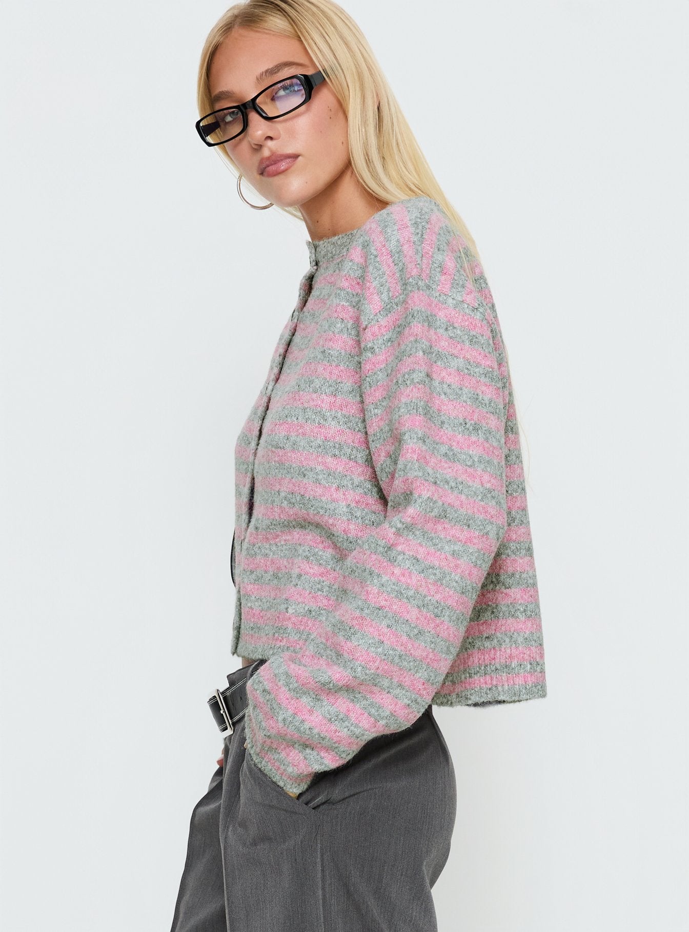 Raynna Button Up Cardigan Pink / Grey Stripe women's sweater by Ellevoria