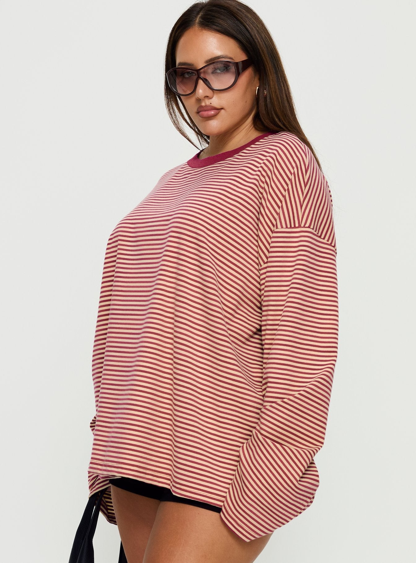 Settle Down Long Sleeve Top Lemon / Burgundy Stripe Curve women's matching set by Ellevoria