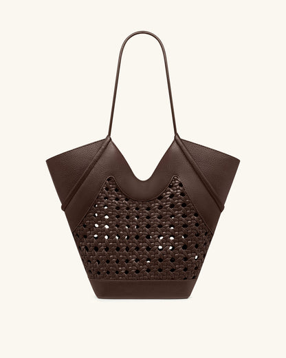 Maribel Woven Panel Tote Bag - Dark Brown