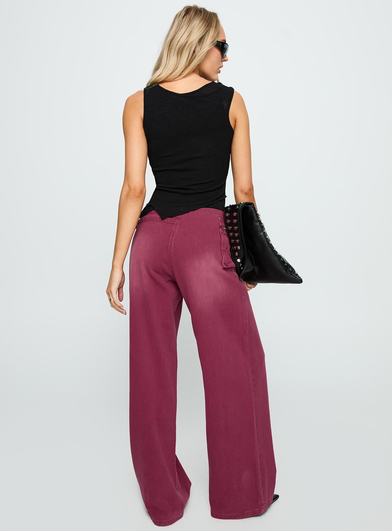 Paltrow Mid Rise Wide Leg Cargo Jeans Washed Burgundy women's denim jeans by Ellevoria
