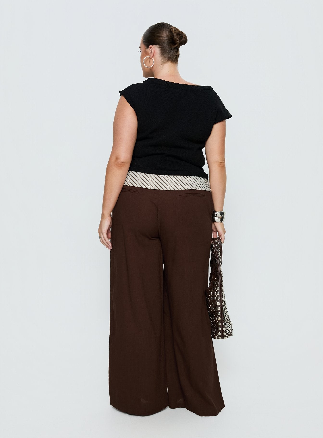 Past Life Fold Over Waistband Pant Brown / Stripe Curve - loose fit women's bottoms by Ellevoria