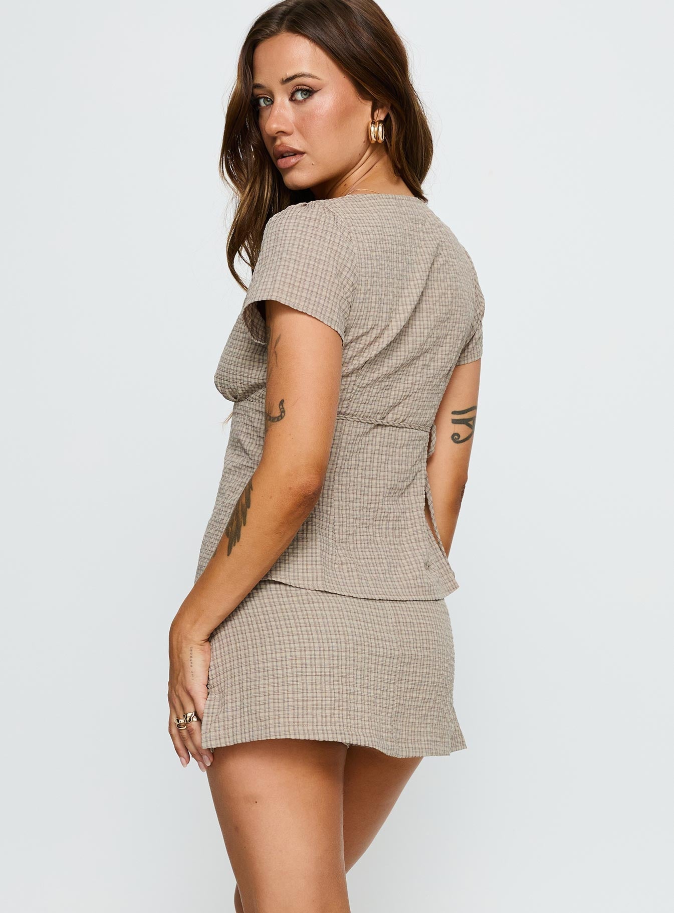 Emmilou Wrap Set Brown Check women's two piece set by Ellevoria