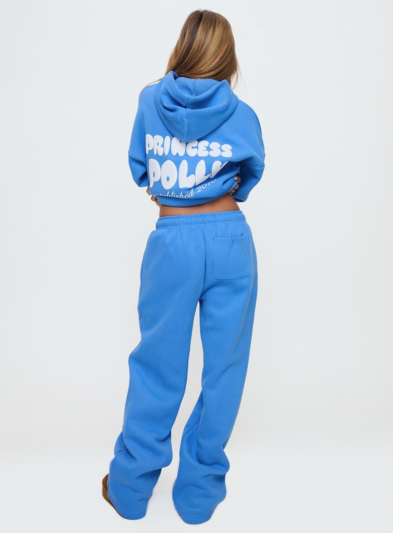 Princess Polly Wide Leg Track Pant Bubble Text Blue women's pant set by Ellevoria