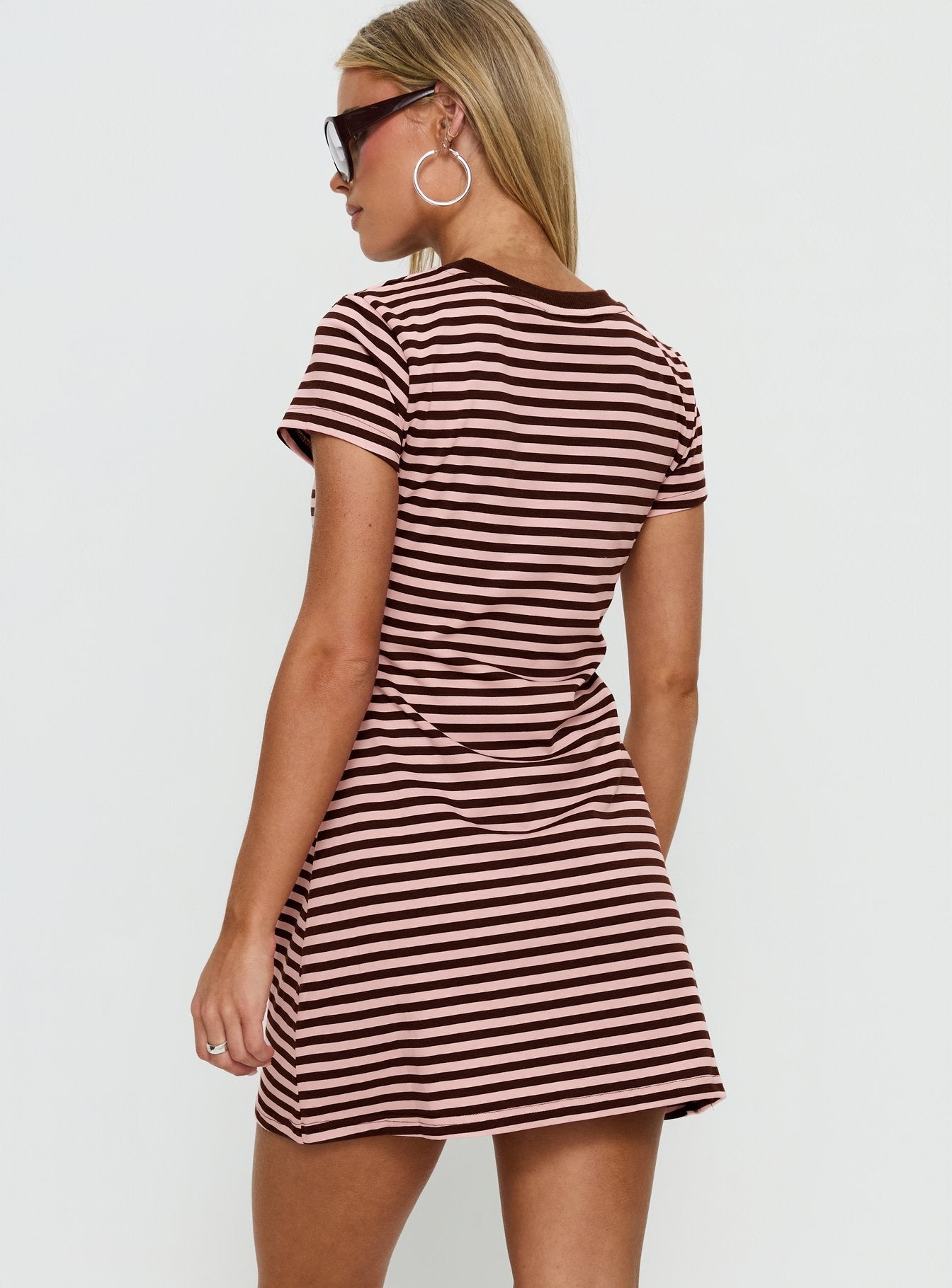 Settle Down Short Sleeve Mini Dress Pink / Brown Stripe women's matching set by Ellevoria