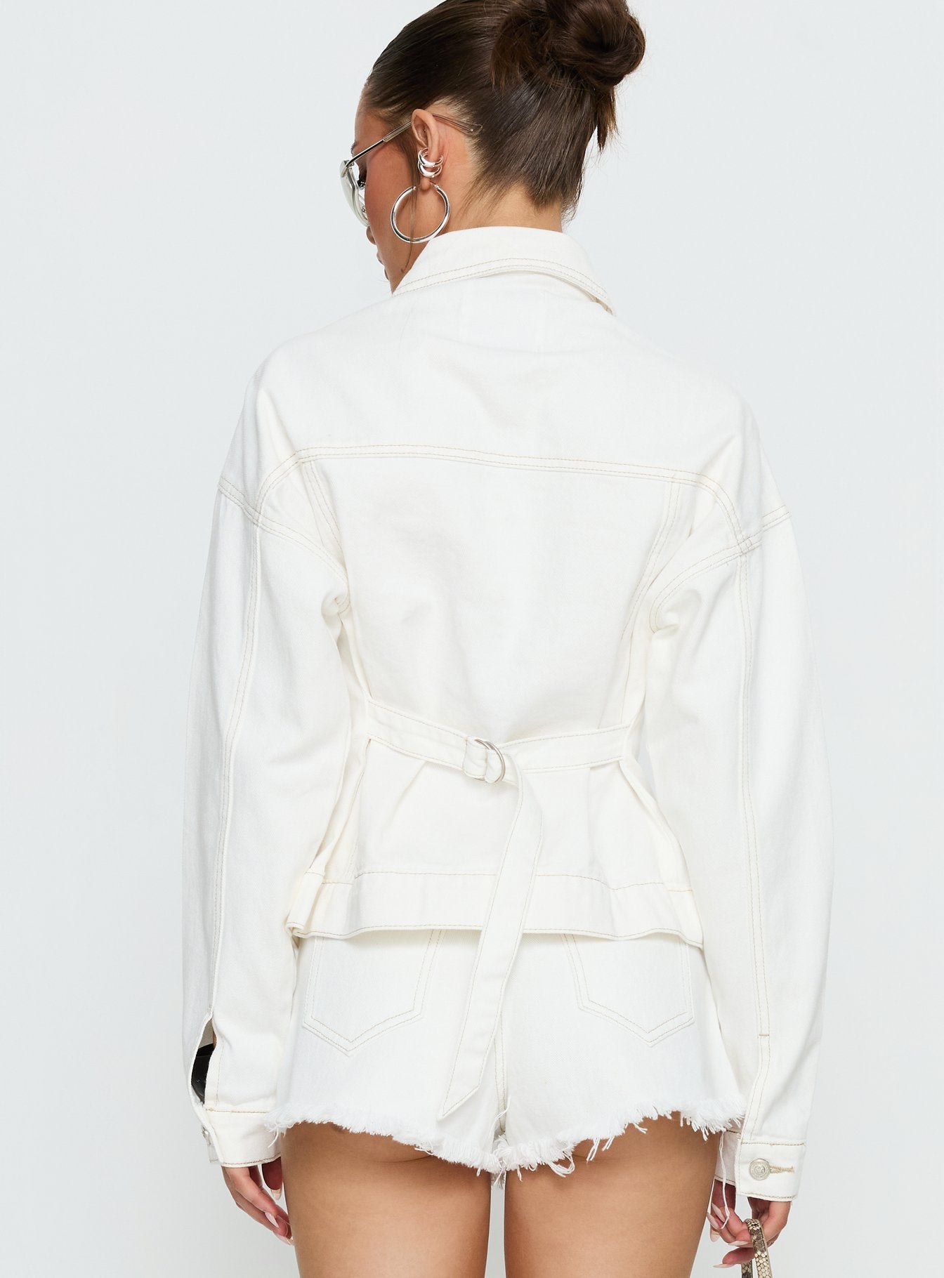 Caresse Cinched Denim Jacket White women's jacket by Ellevoria
