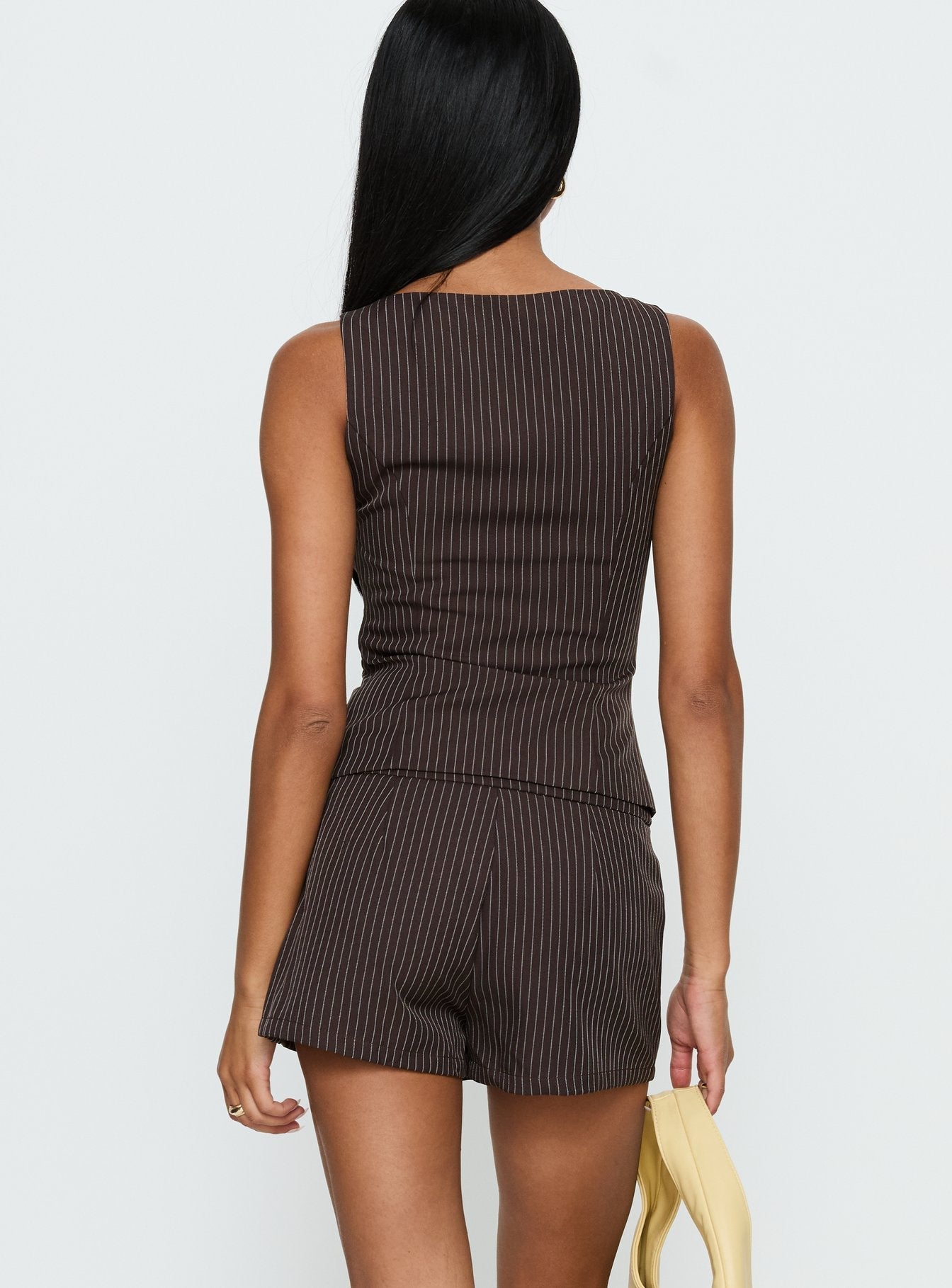 Party Invitations Tailored Shorts Brown Pinstripe women's two piece set by Ellevoria