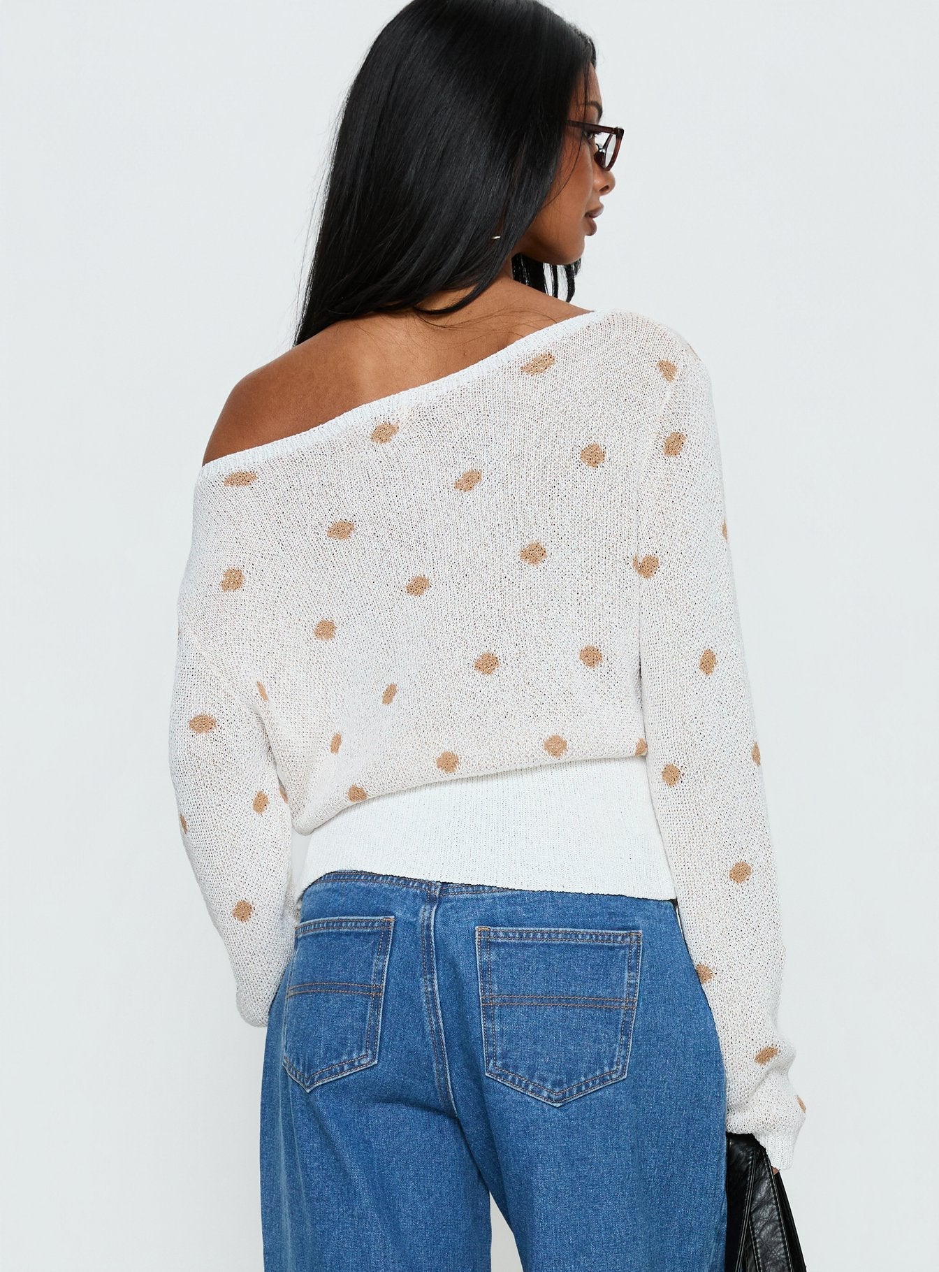 Harvy Off Shoulder Knit Sweater White Polka women's sweater by Ellevoria