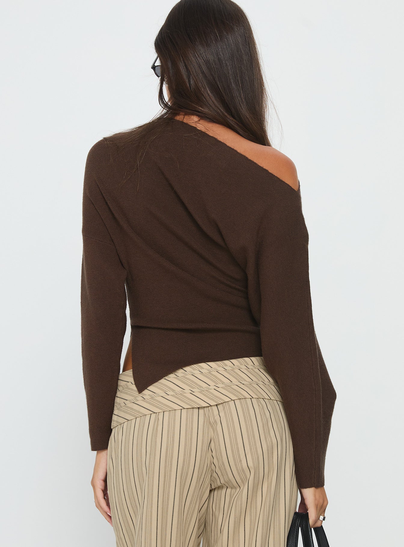Kaelith Off Shoulder Knit Sweater Brown women's sweater by Ellevoria
