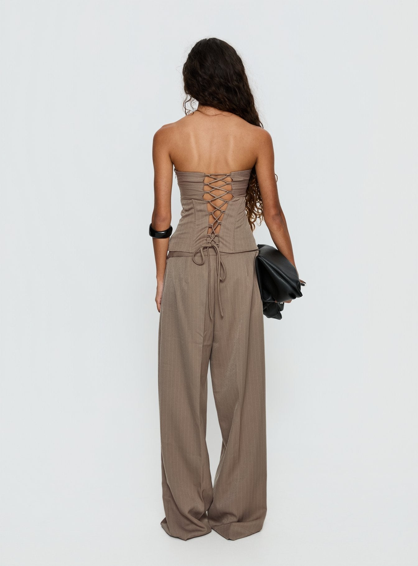 Madelle Strapless Tie Up Top Brown Pinstripe women's two piece set by Ellevoria