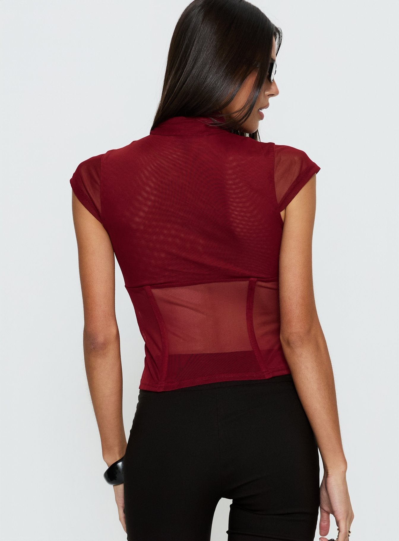 Anistasia Mesh Keyhole Corset Top Burgundy - women's top by Ellevoria - view 5