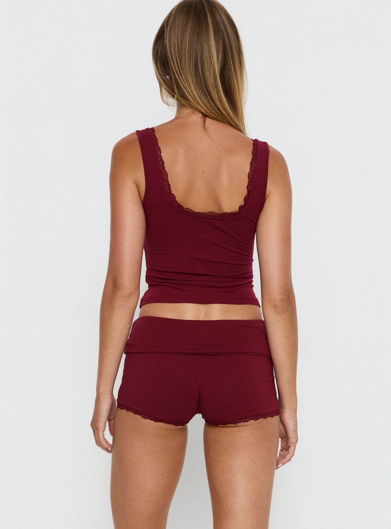 Serae Lace Trim Foldover Micro Shorts Cherry women's two piece set by Ellevoria