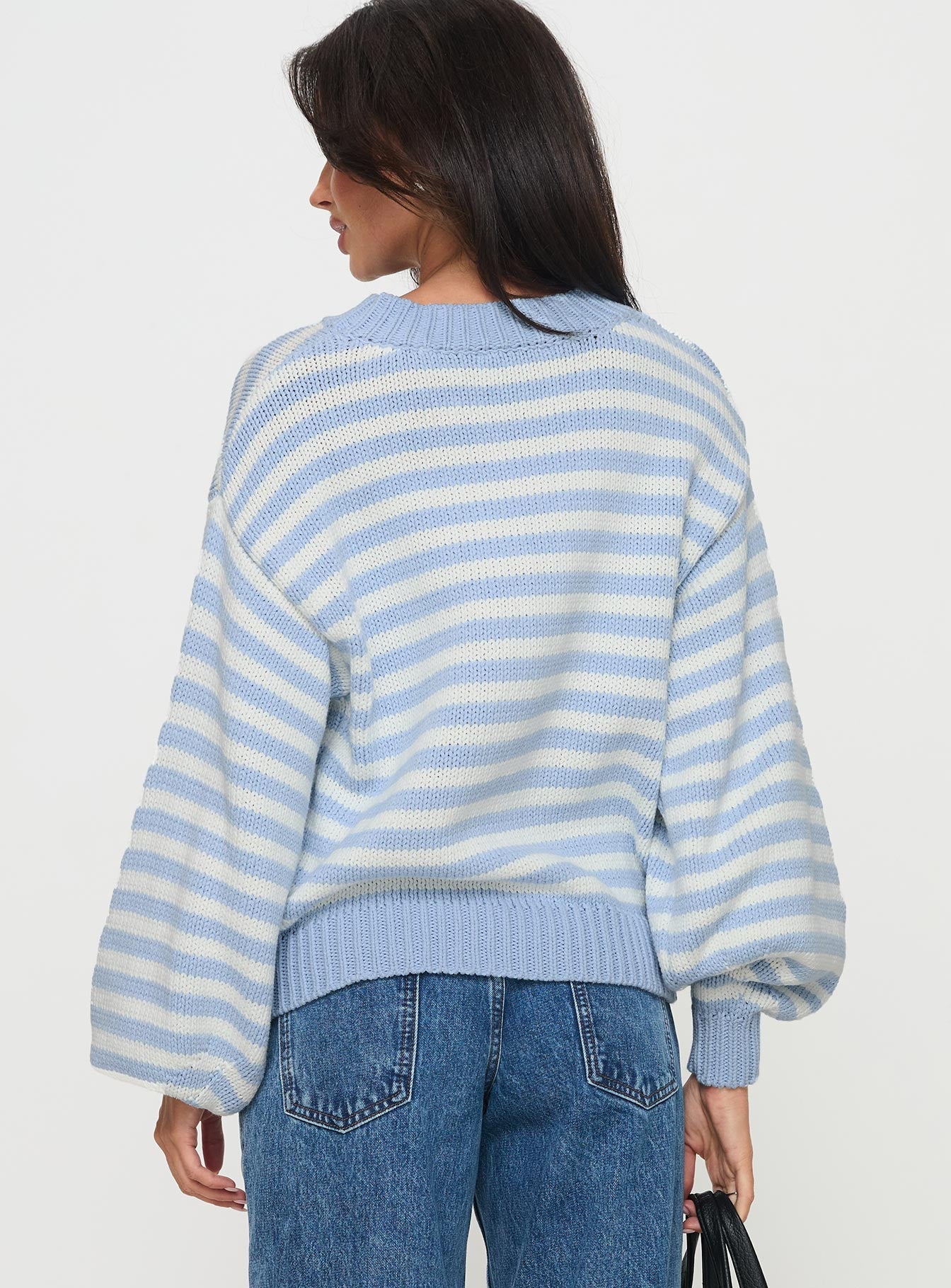 Harmony Balloon Sleeve Knit Sweater Blue / White Stripe women's sweater by Ellevoria