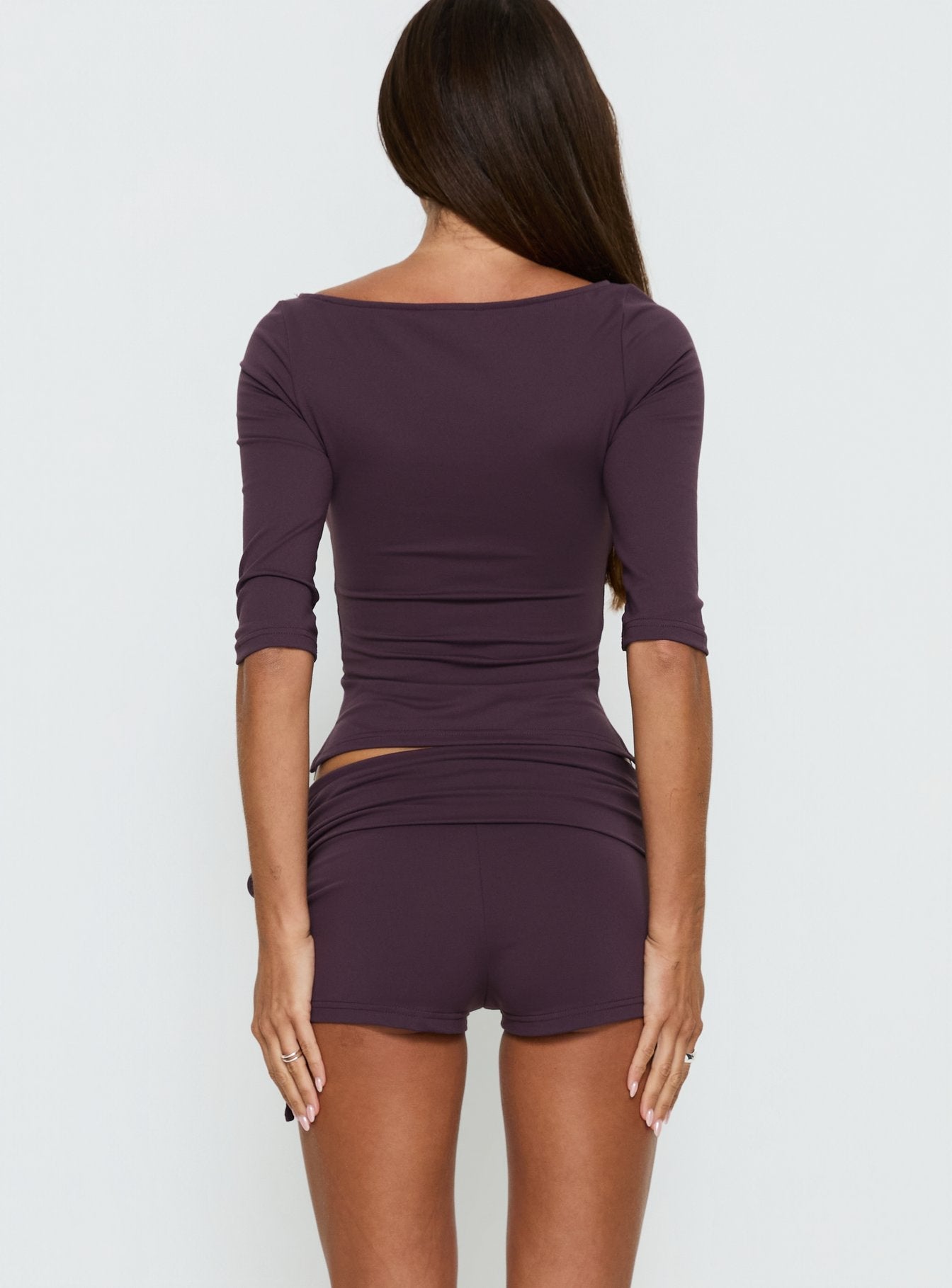 Daily Define Ruched Tie Side Micro Shorts Aubergine women's two piece set by Ellevoria
