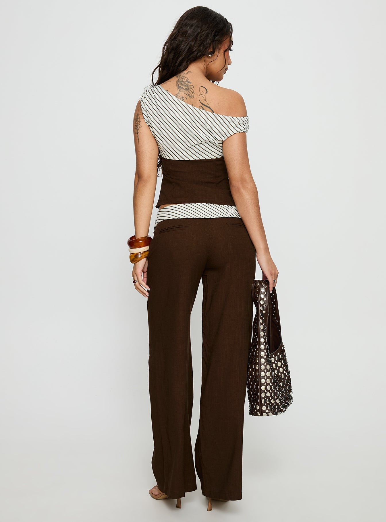 Past Life Fold Over Waistband Pant Brown / Stripe women's pant set by Ellevoria