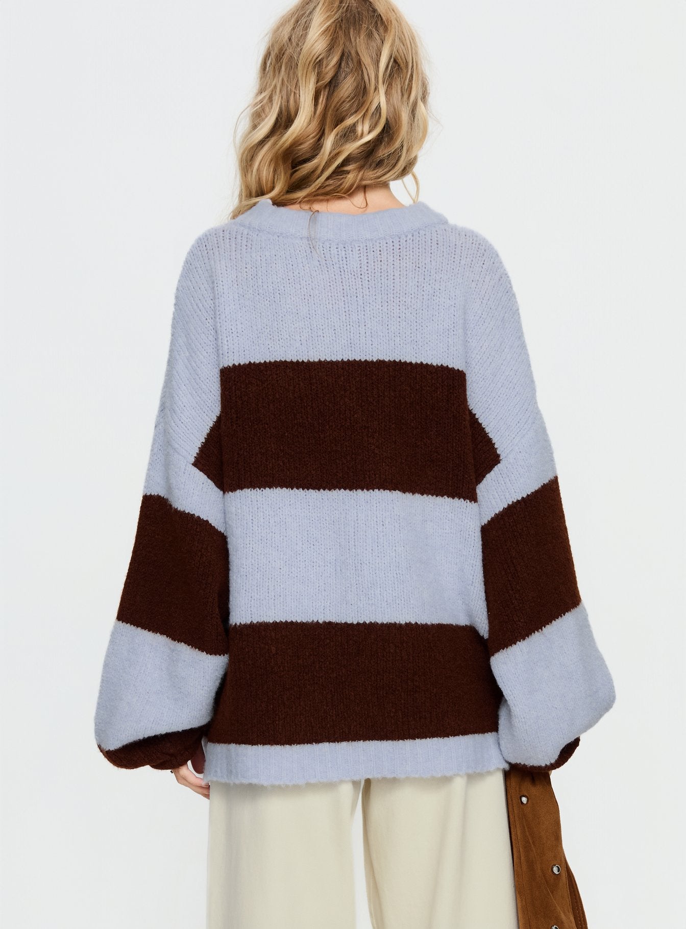 Bastien Crew Neck Knit Sweater Blue / Chocolate Stripe women's sweater by Ellevoria