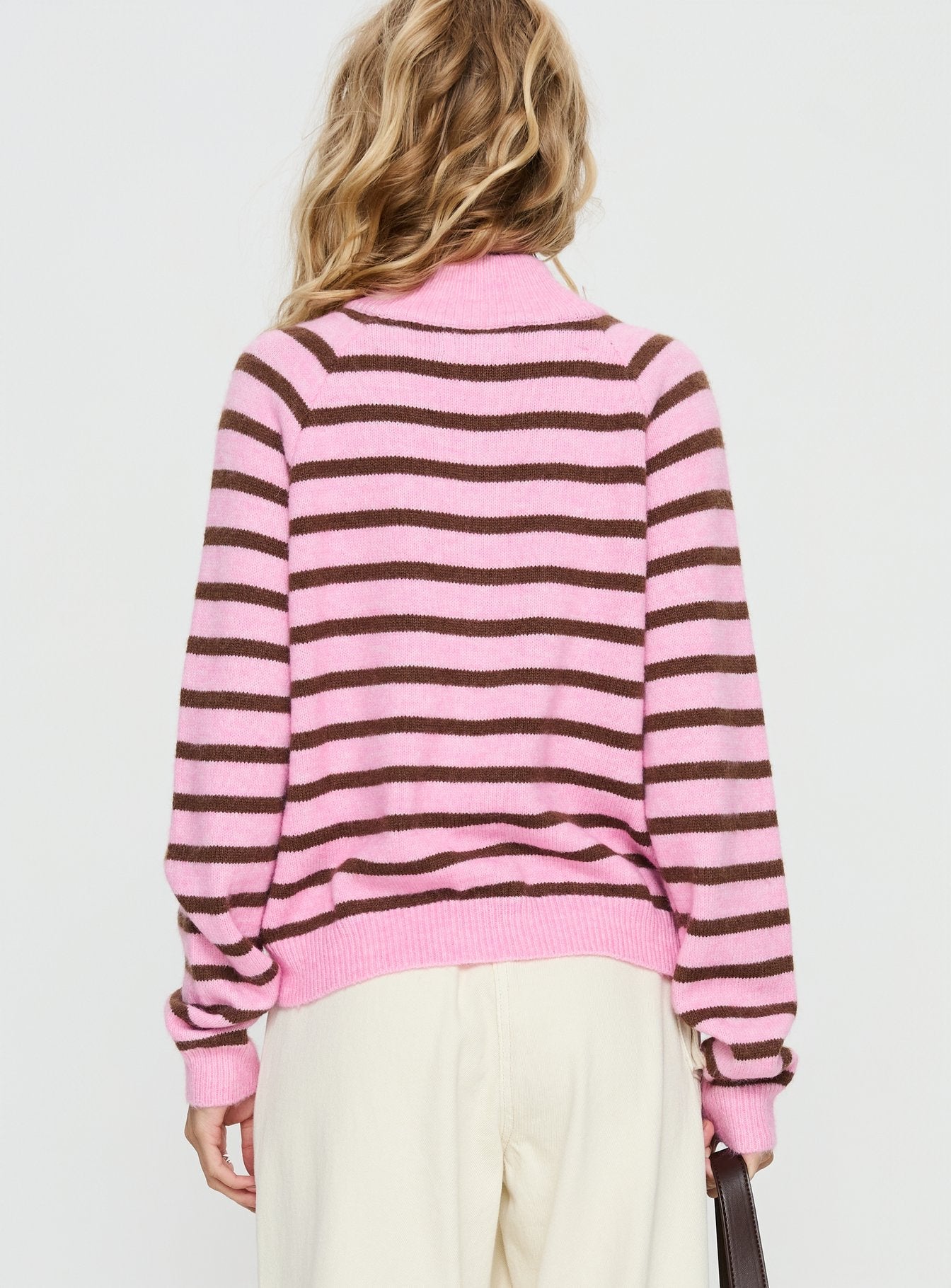 Kaylei Zip Through Cardigan Pink Stripe women's sweater by Ellevoria