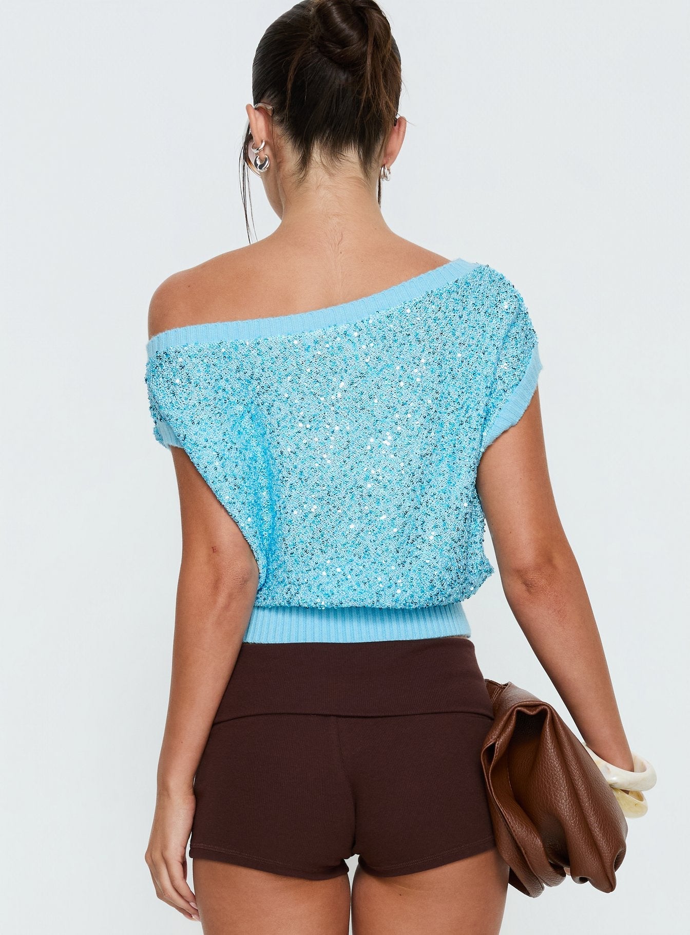 Marysa Sequin Knit Blouson Top Blue - women's top by Ellevoria - view 5