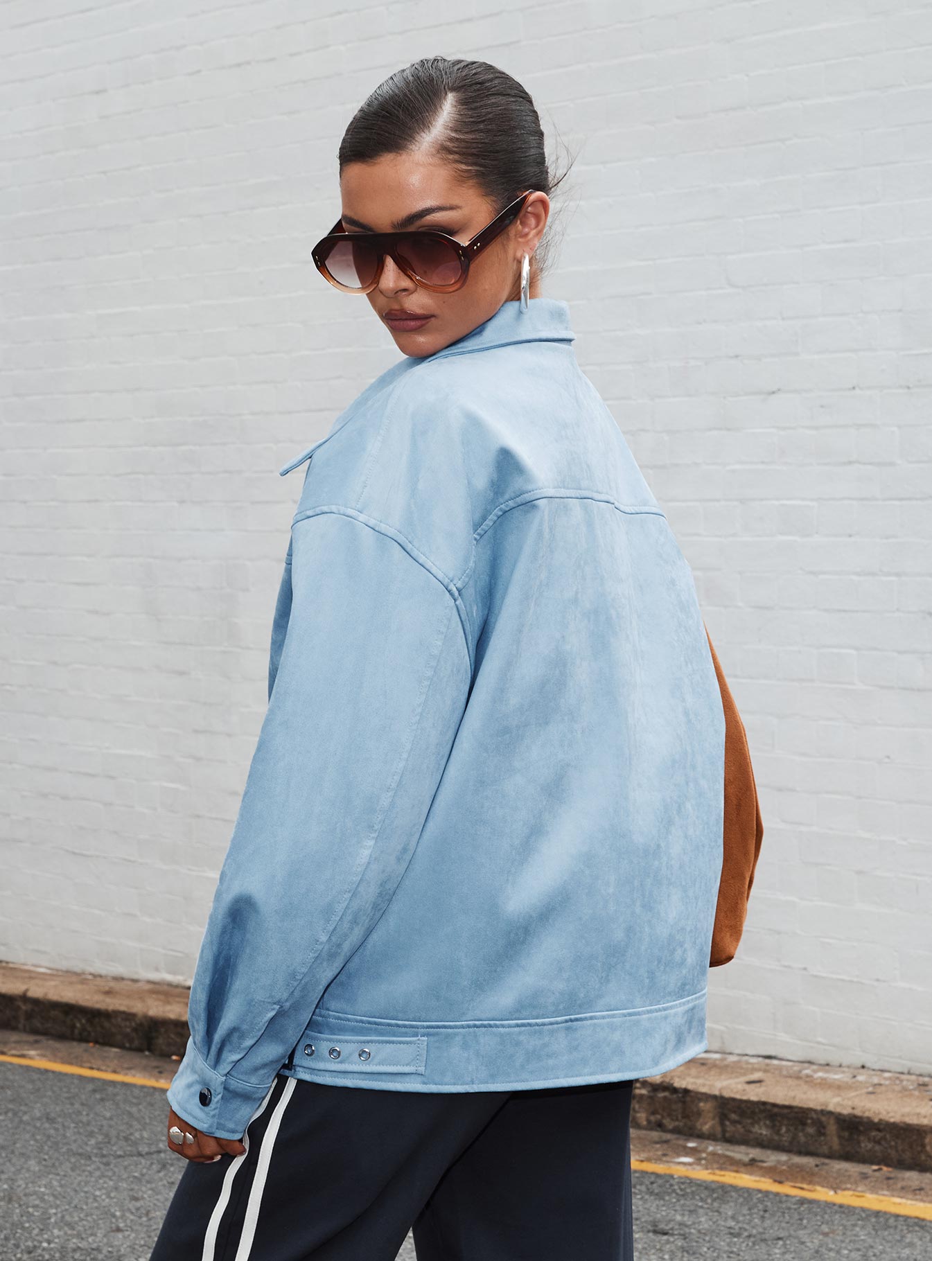 Goldsmith Faux Suede Bomber Jacket Blue women's jacket by Ellevoria