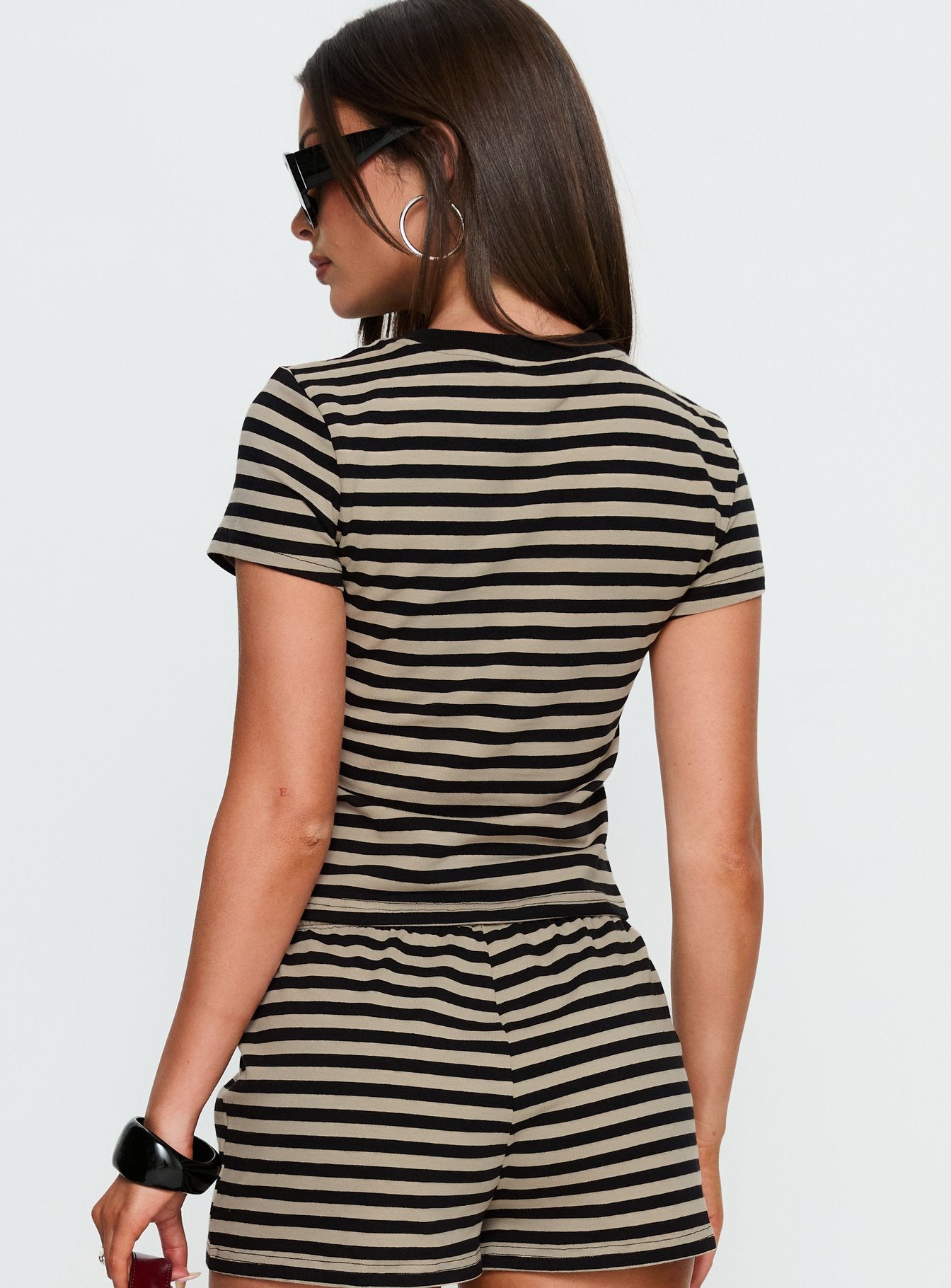Settle Down Baby Tee Black / Beige Stripe women's matching set by Ellevoria