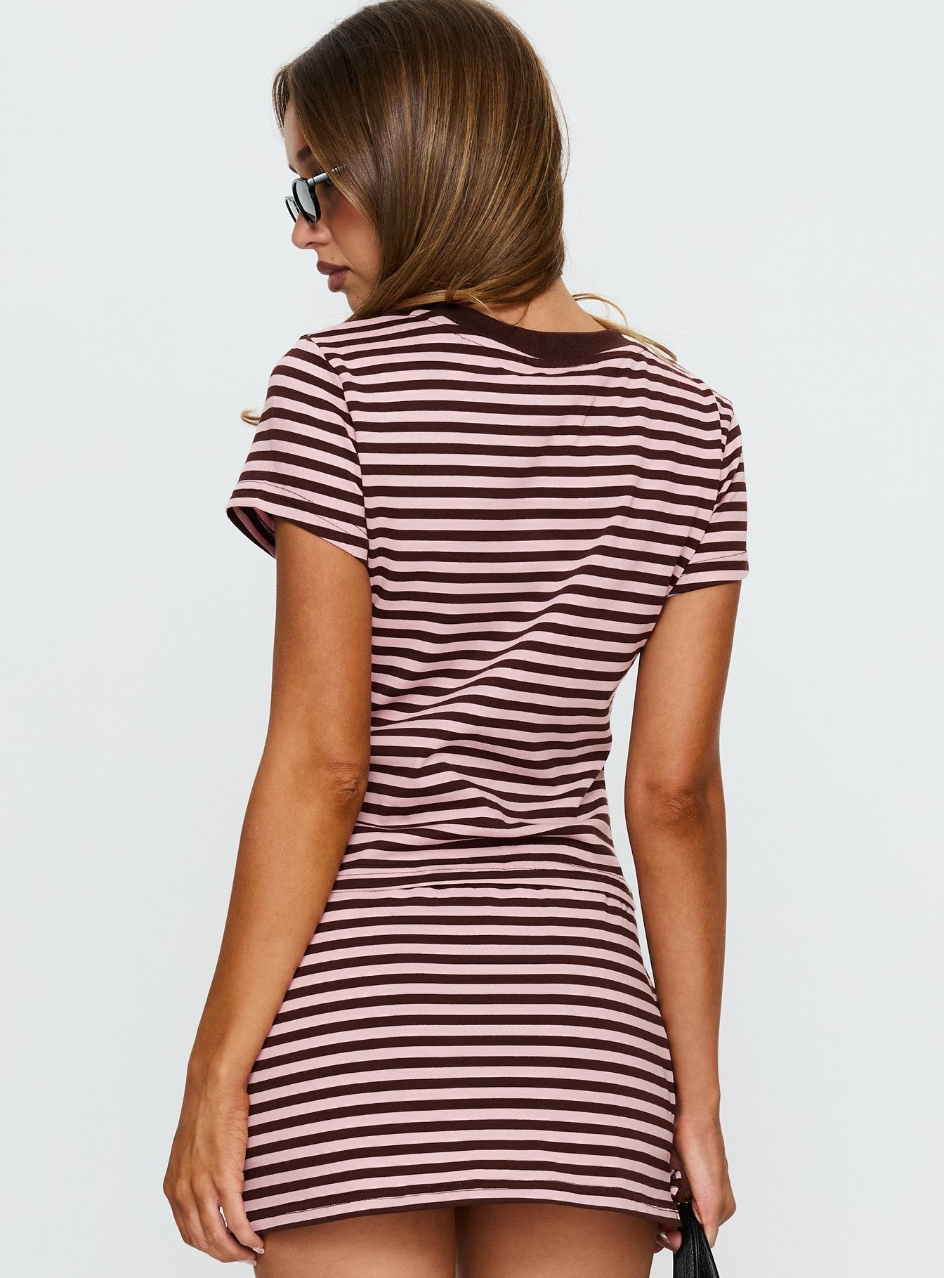 Settle Down Baby Tee Pink / Brown Stripe women's matching set by Ellevoria