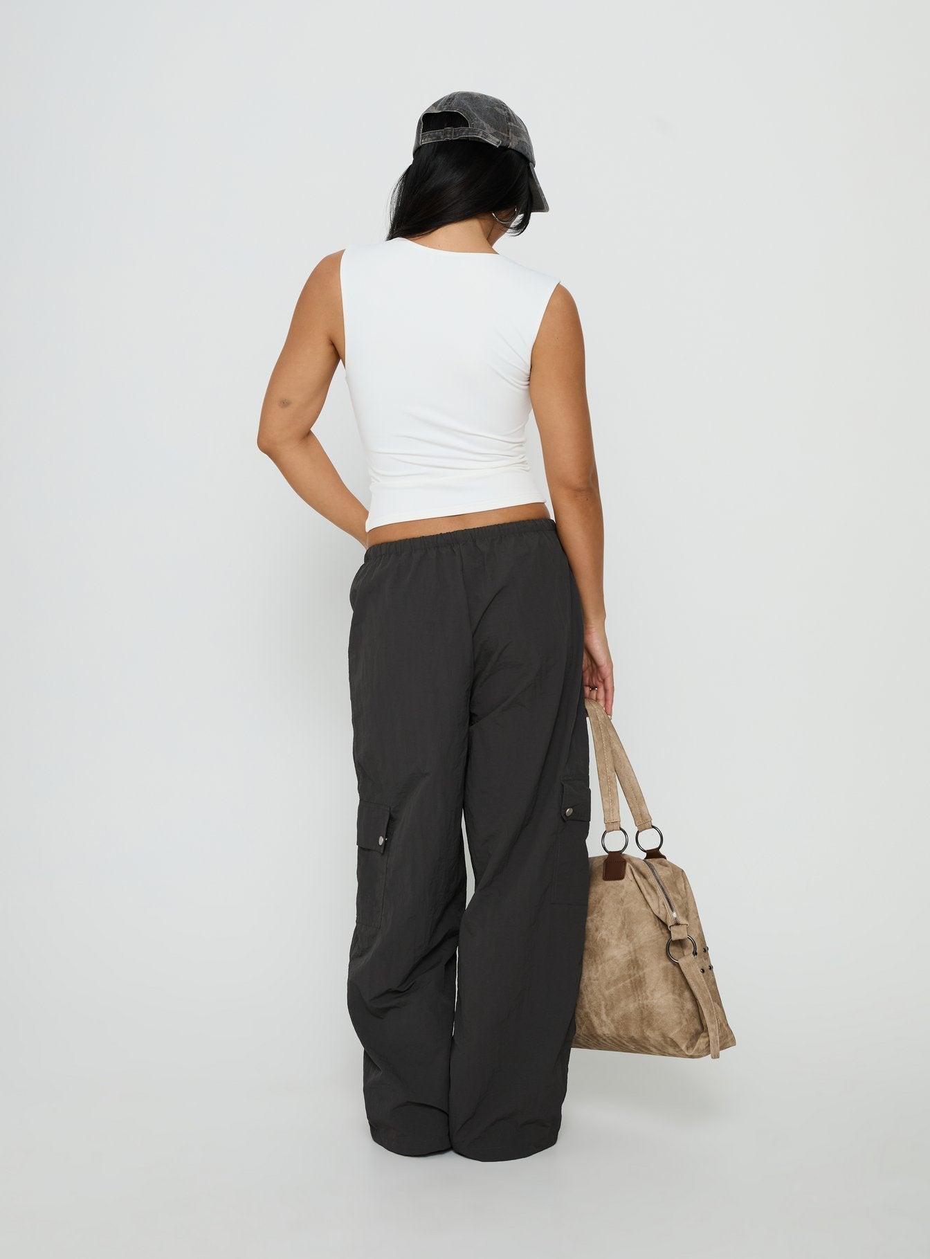 Lost On You Parachute Cargo Pants Charcoal - loose fit women's bottoms by Ellevoria