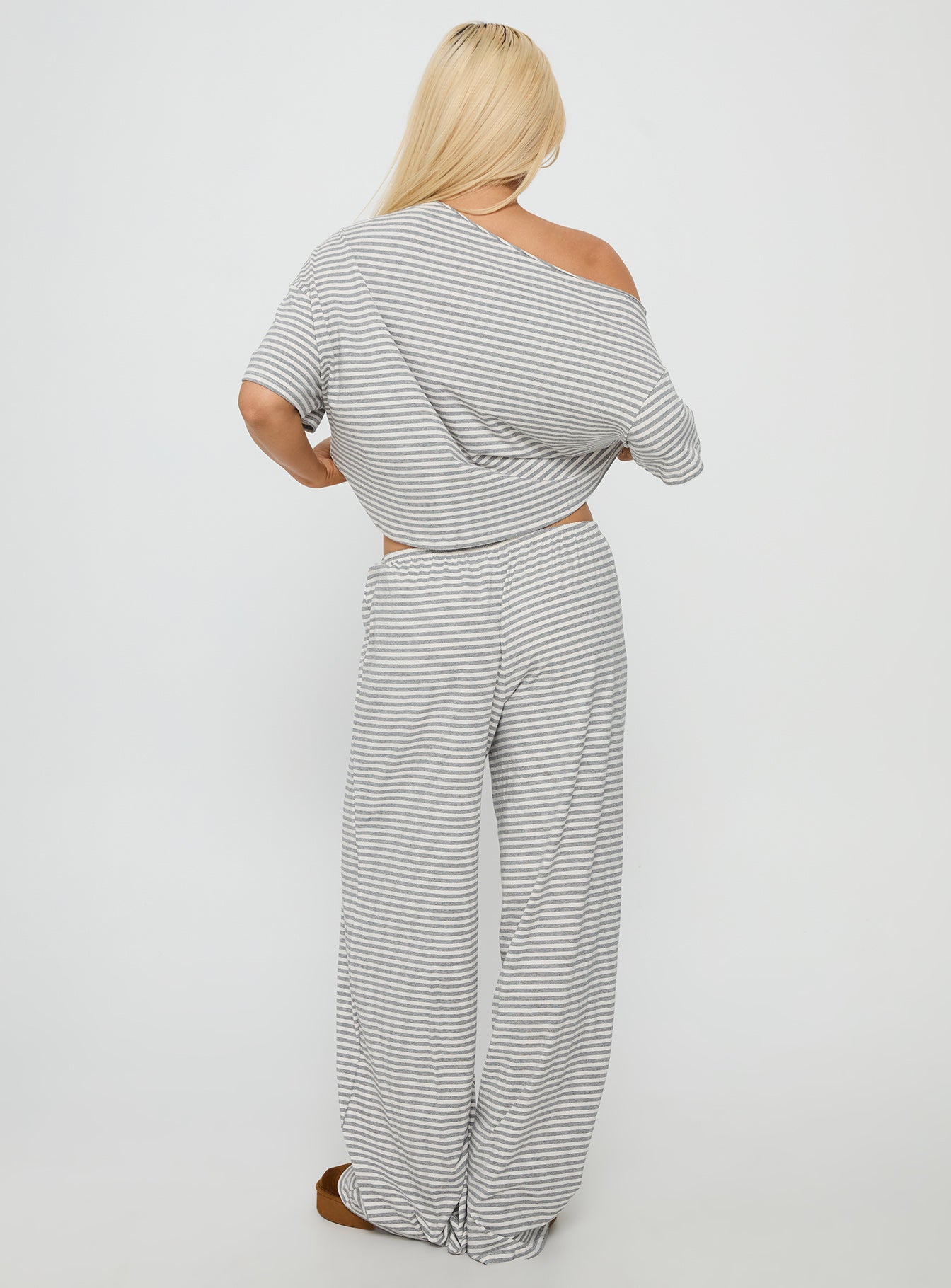 Tobie Off Shoulder Sleep Set Grey Stripe women's two piece set by Ellevoria
