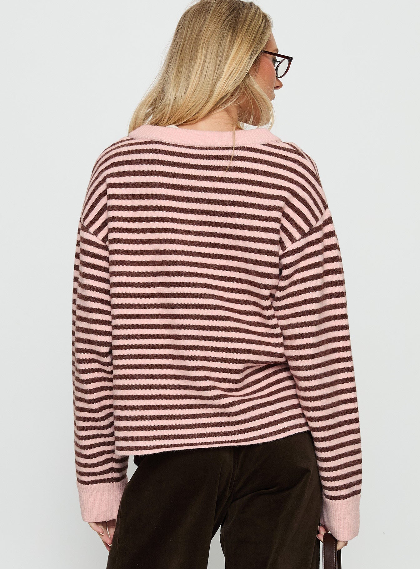 Darnelle Button Up Knit Cardigan Pink Stripe women's sweater by Ellevoria