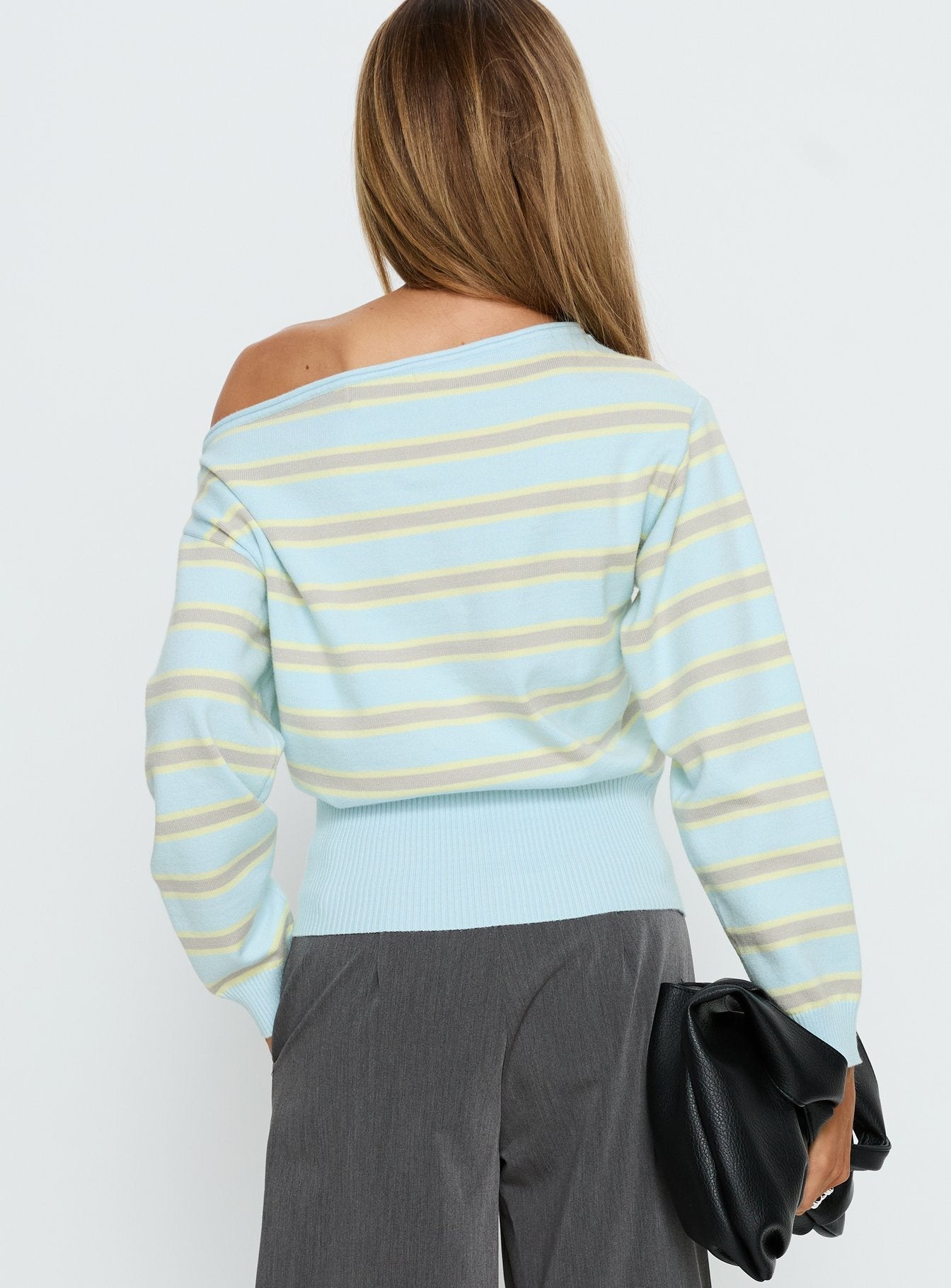 Zinia Off Shoulder Knit Sweater Grey / Blue Stripe women's sweater by Ellevoria