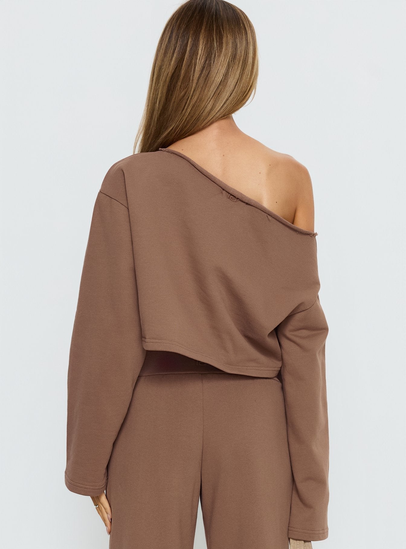 Retreat Raw Edge Off Shoulder Jumper Cocoa women's sweater by Ellevoria