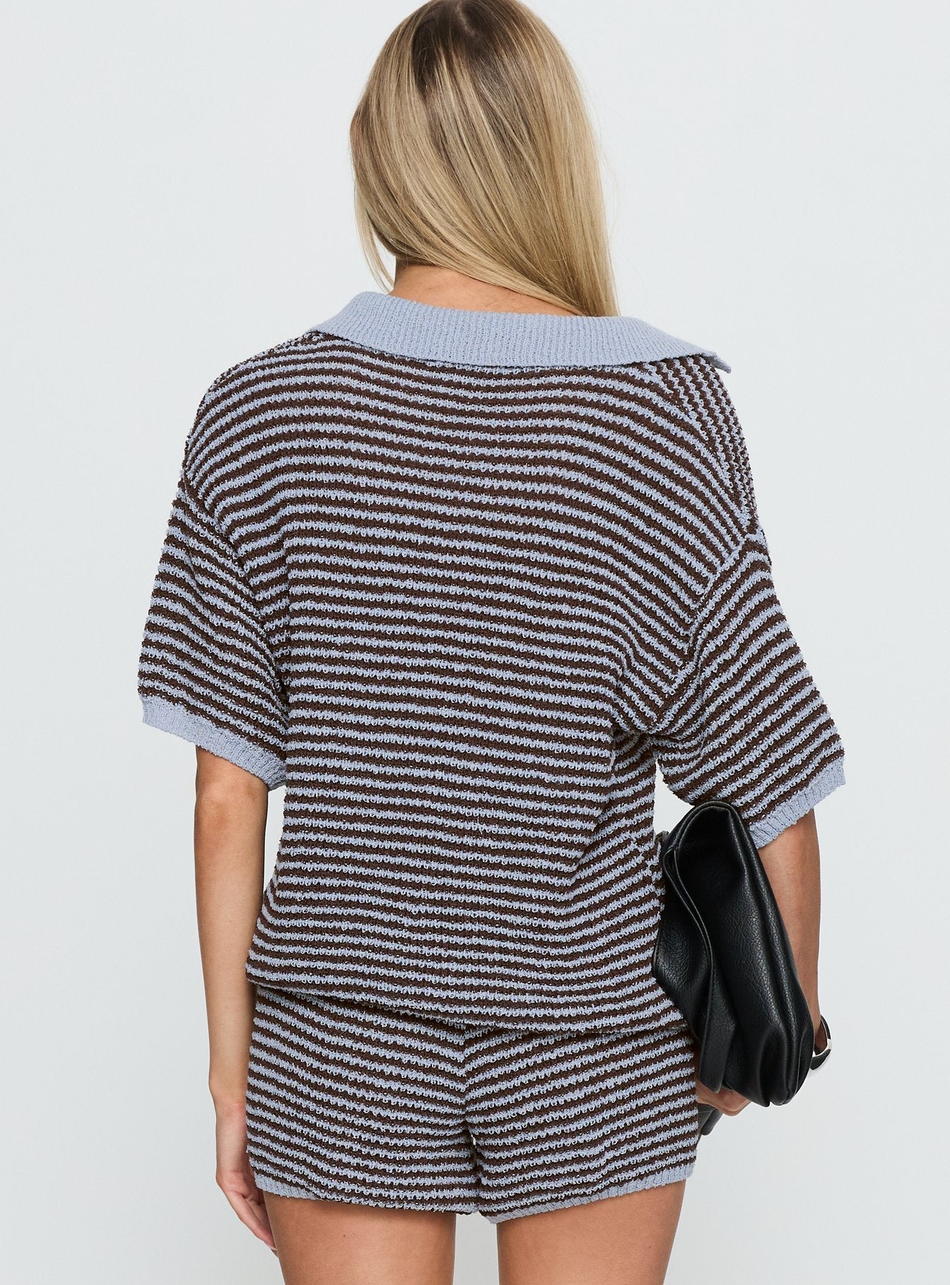 Serenique Collared Short Sleeve Knit Top Blue / Chocolate women's two piece set by Ellevoria