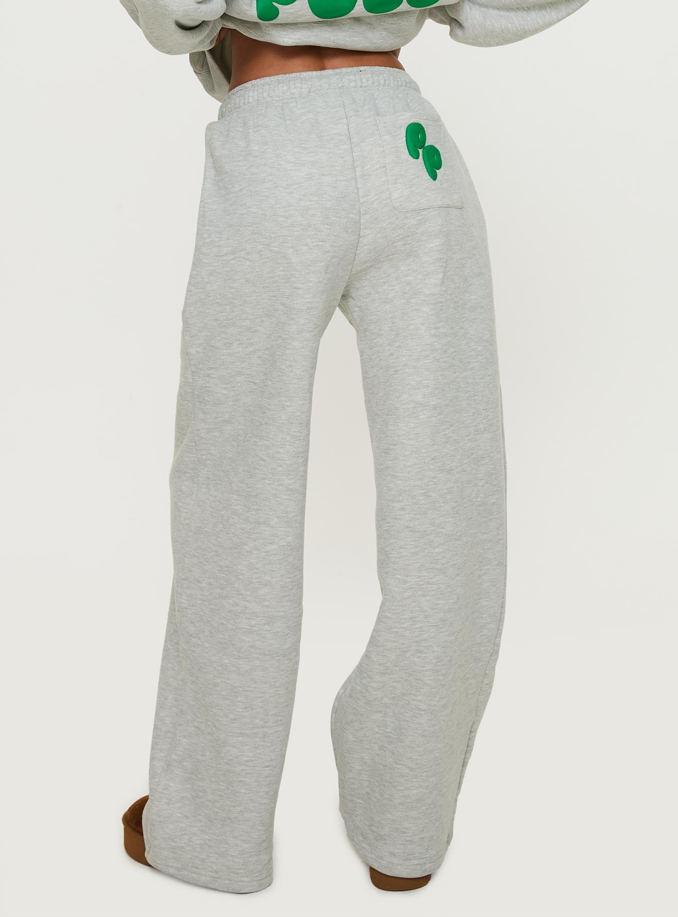 Princess Polly Wide Leg Track Pant Bubble Text Grey Marle / Green women's pant set by Ellevoria