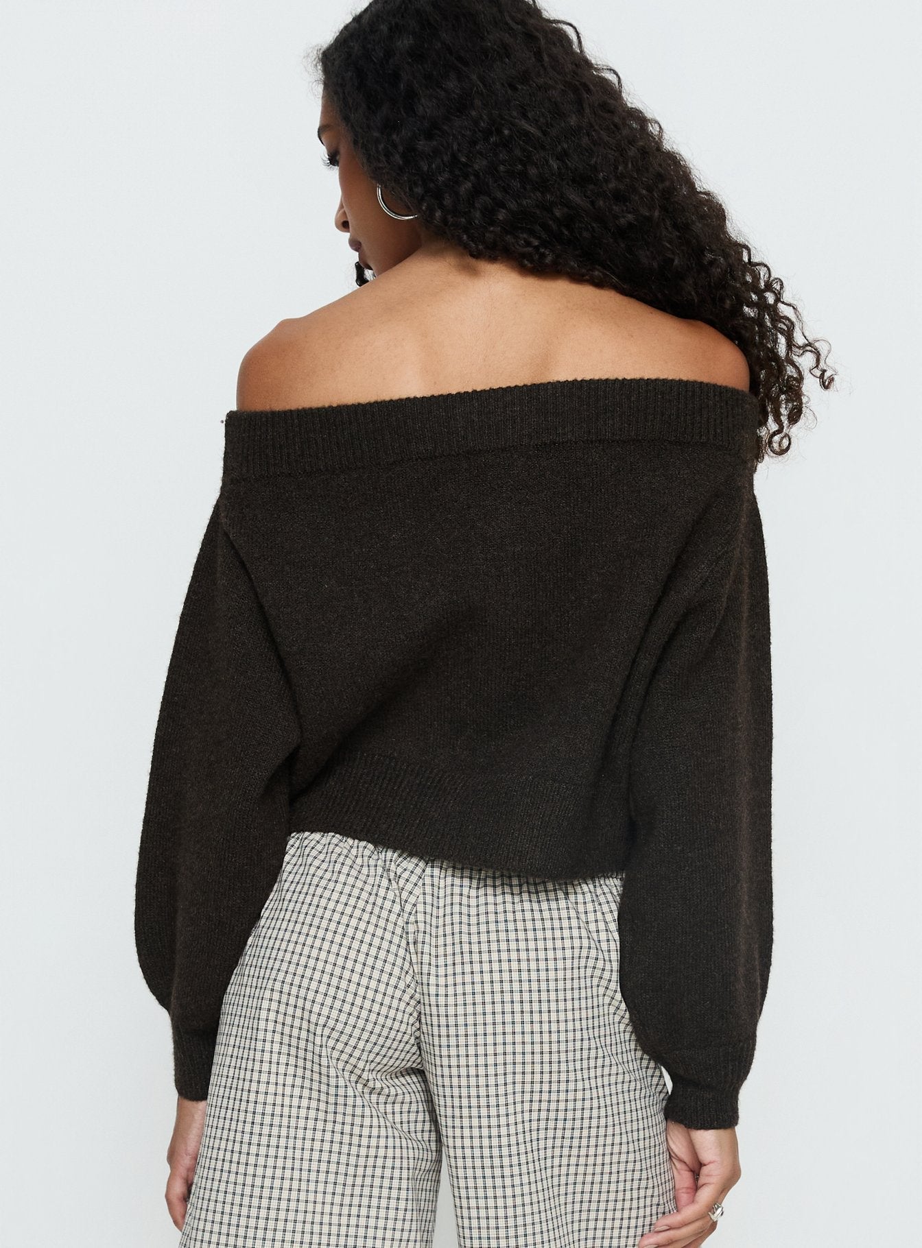 Ortensa Off Shoulder Zip Through Jumper Brown women's sweater by Ellevoria