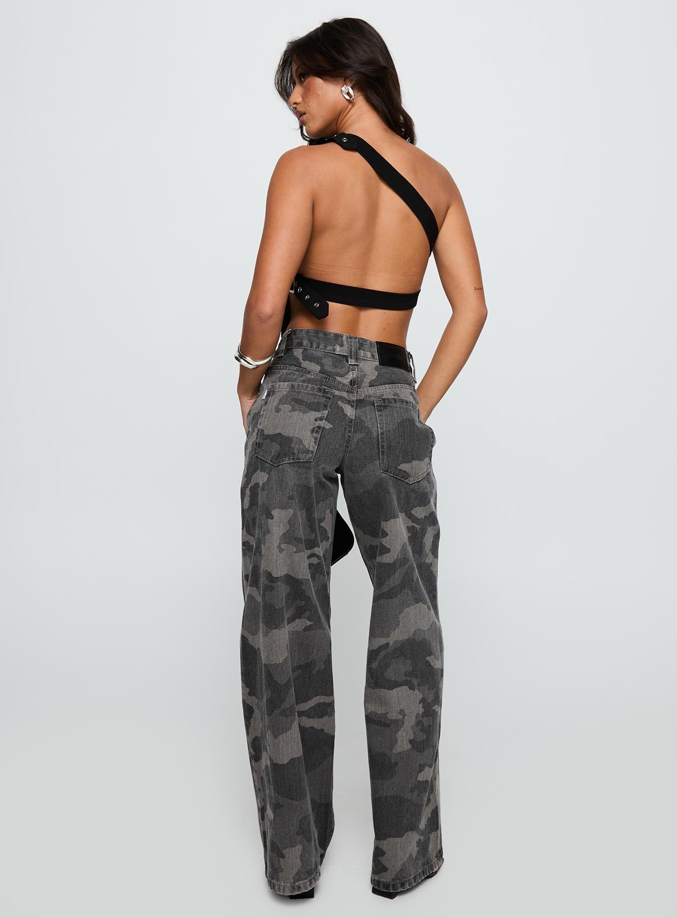 Big Talk Mid Rise Straight Leg Jeans Grey Washed Camo women's denim jeans by Ellevoria