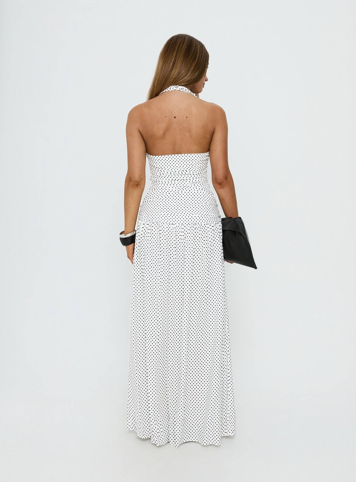 Millen Gathered Waist Halter Maxi Dress White Polka Dot - women's maxi dress by Ellevoria - view 5