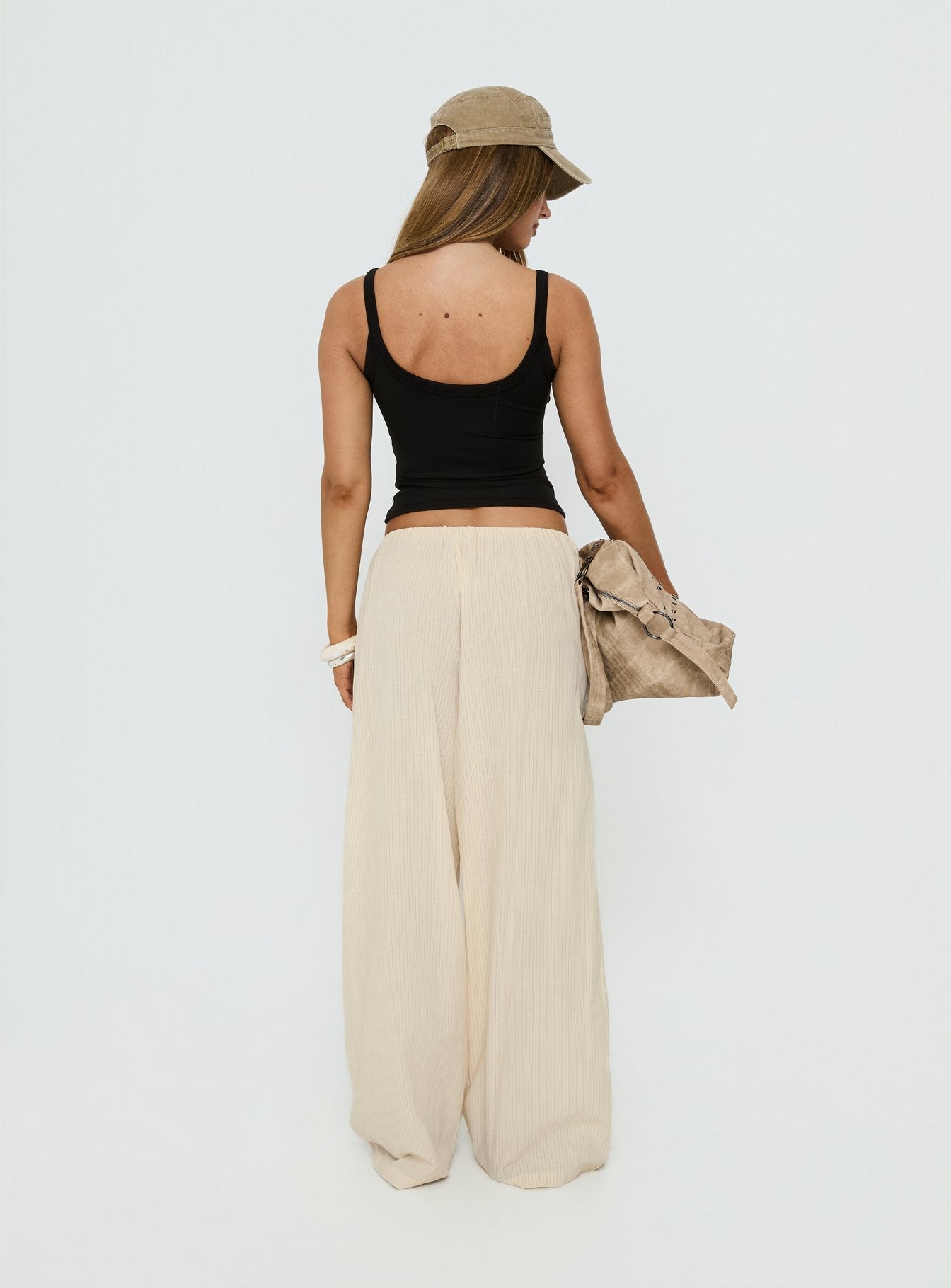 Lunea Concealed Waistband Pants Beige Stripe - loose fit women's bottoms by Ellevoria