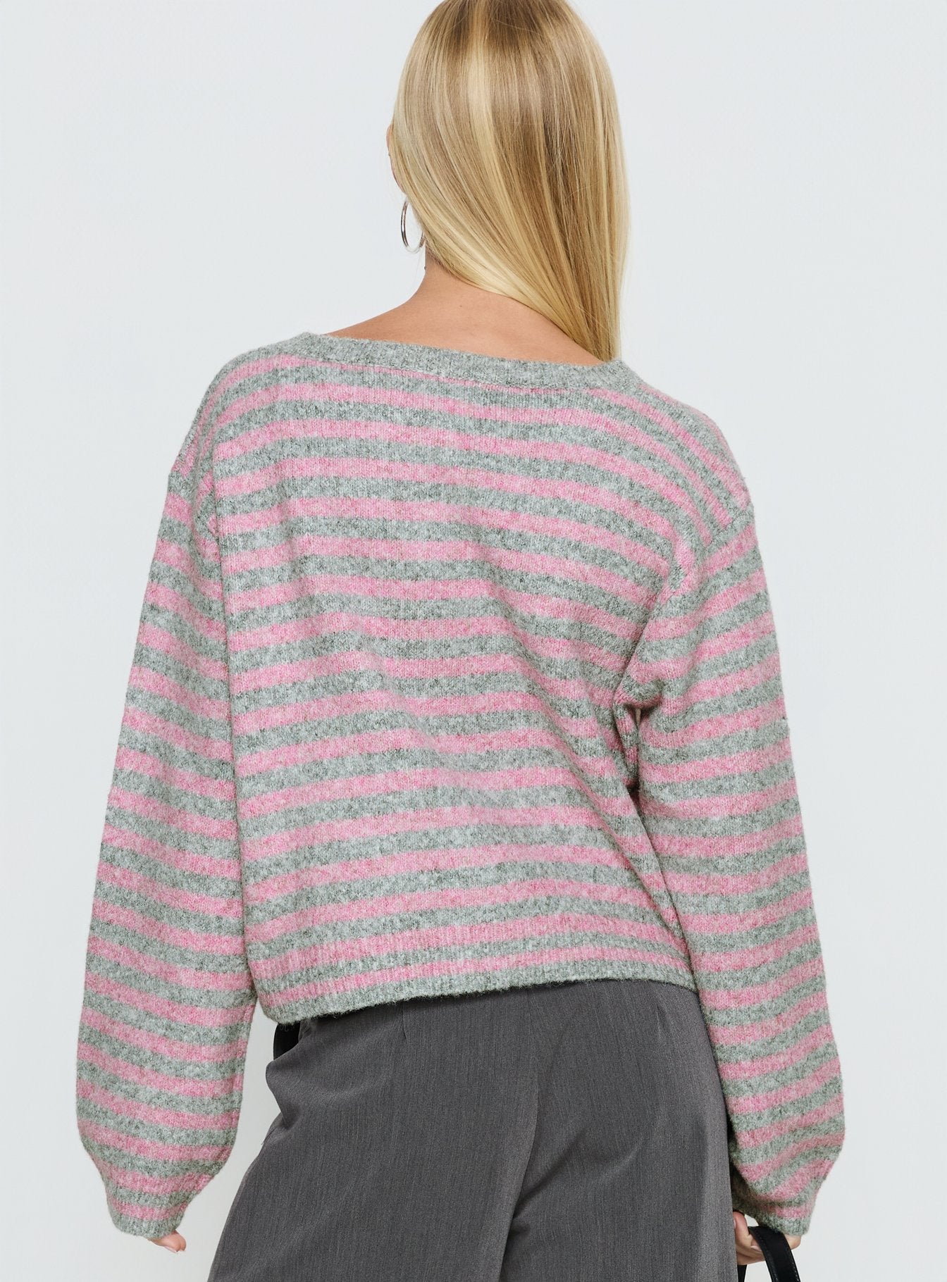 Raynna Button Up Cardigan Pink / Grey Stripe women's sweater by Ellevoria