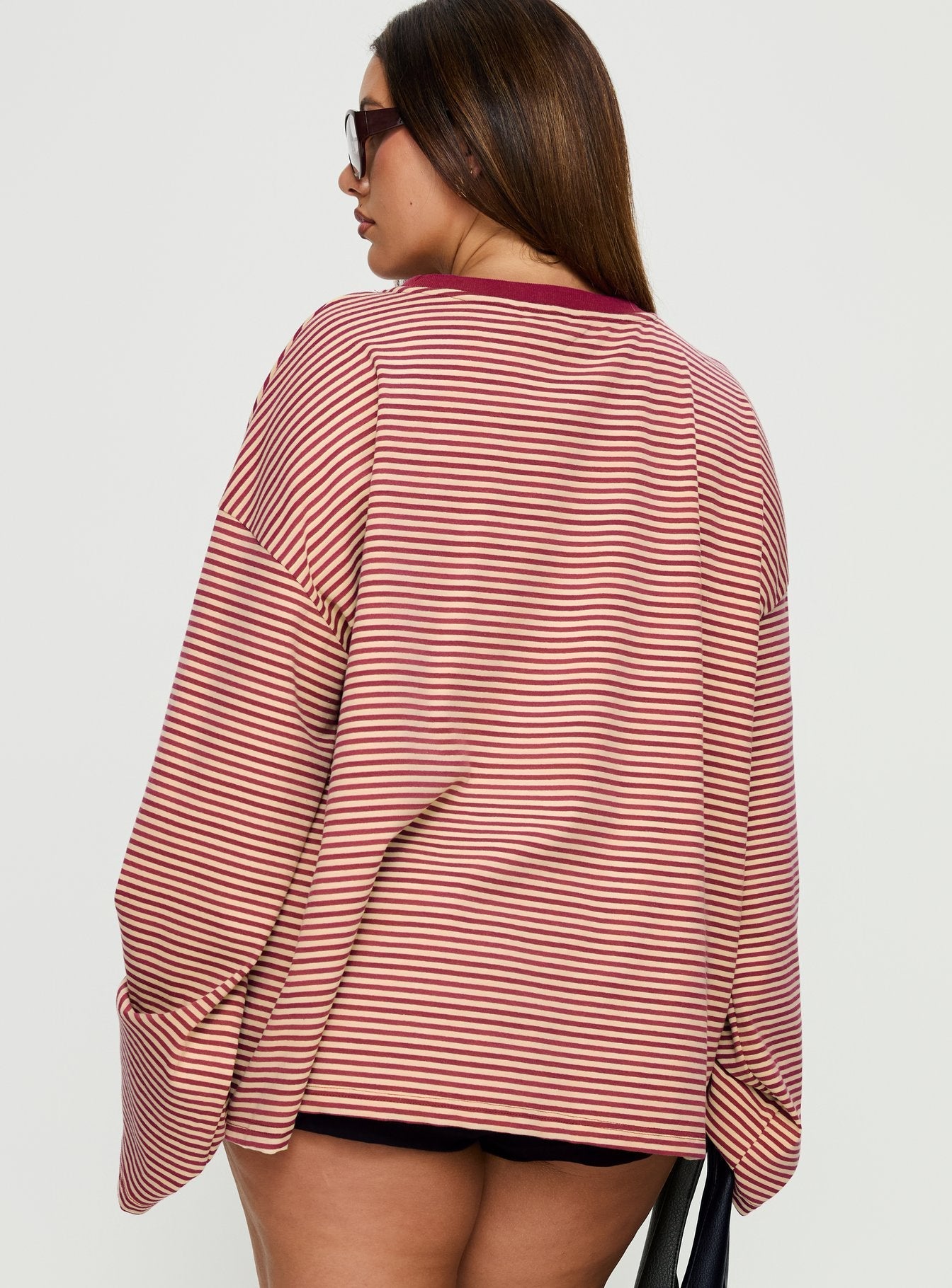 Settle Down Long Sleeve Top Lemon / Burgundy Stripe Curve women's matching set by Ellevoria