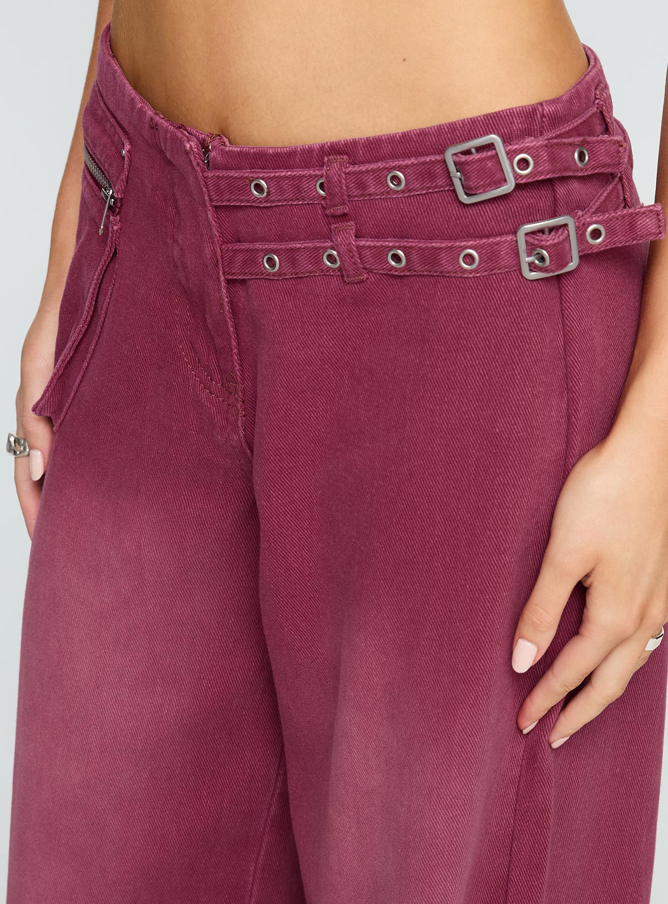 Paltrow Mid Rise Wide Leg Cargo Jeans Washed Burgundy women's denim jeans by Ellevoria