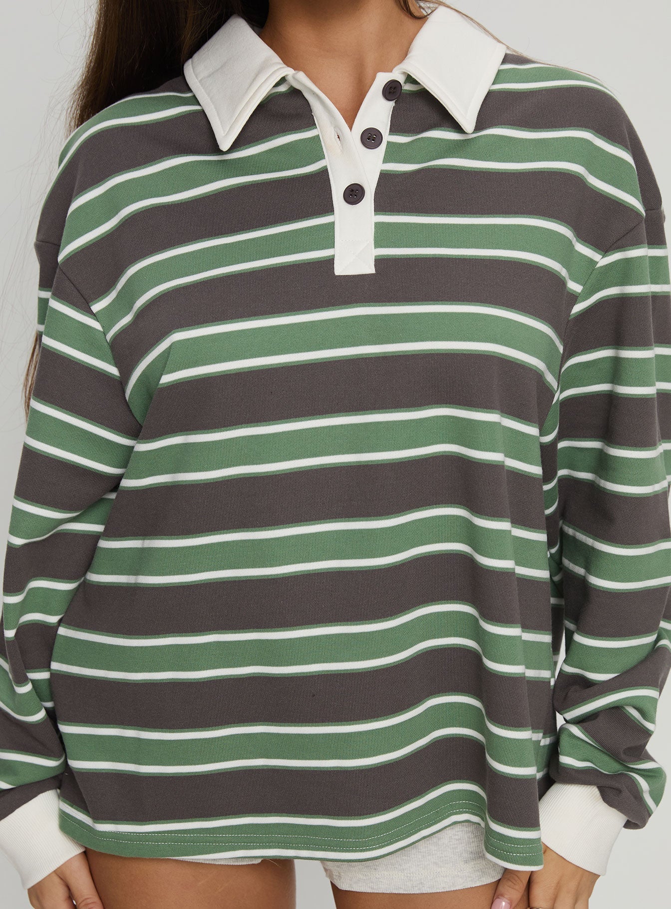 Tycen Polo Rugby Jumper Green / Grey Stripe women's sweater by Ellevoria