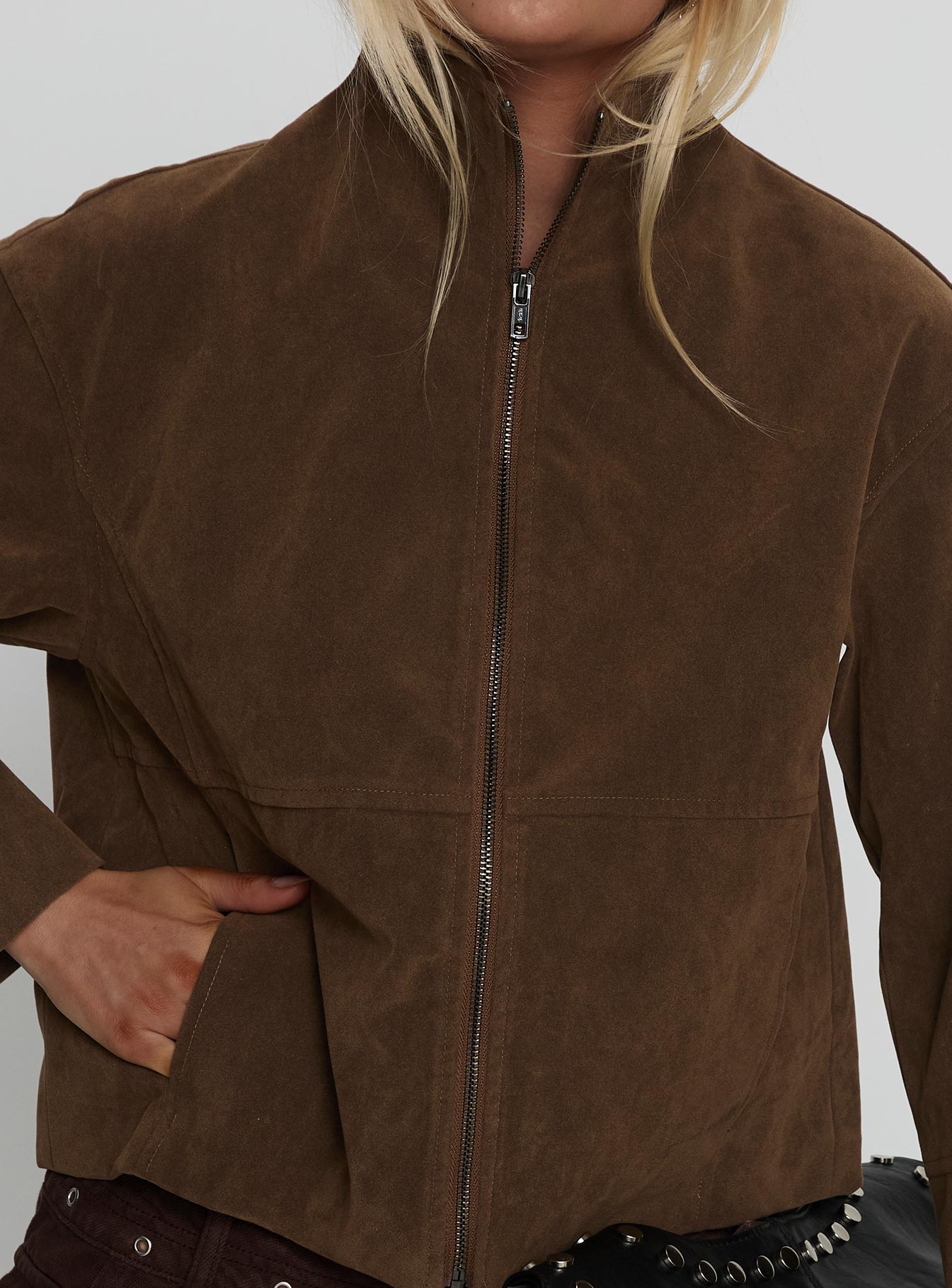 Jessalynn Faux Suede Zip Through Jacket Brown women's jacket by Ellevoria