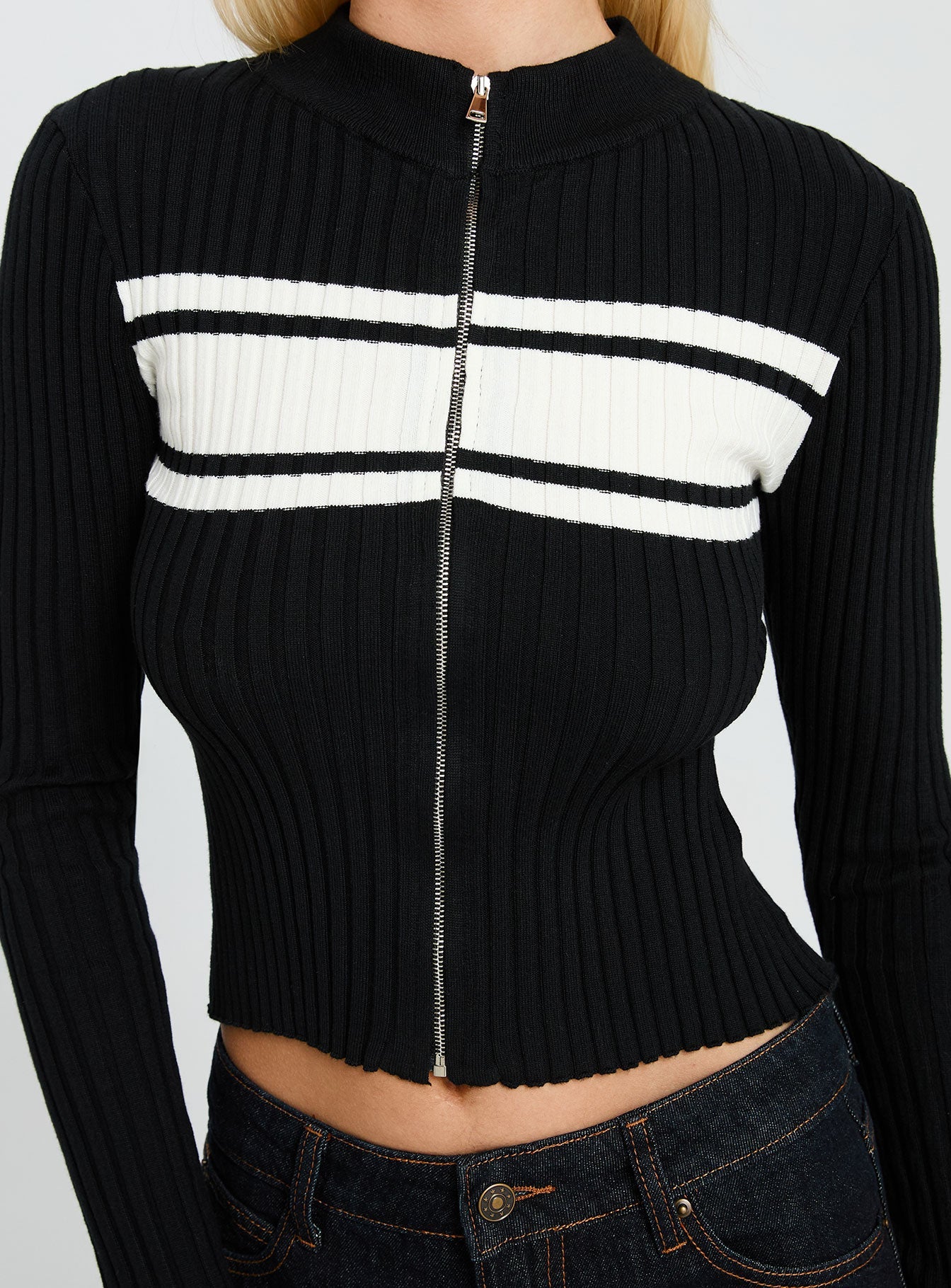 Decisive Zip Through Knit Sweater Black / White women's sweater by Ellevoria