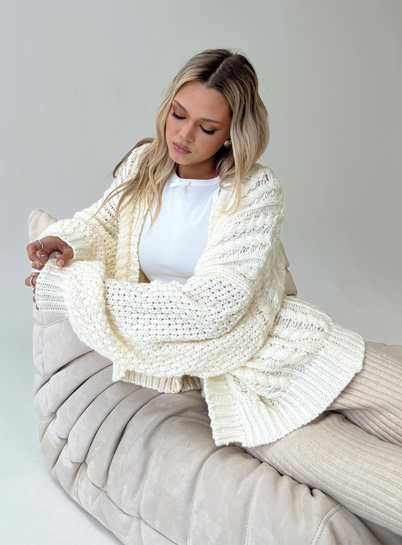 Abner Cable Cardigan Cream women's sweater by Ellevoria