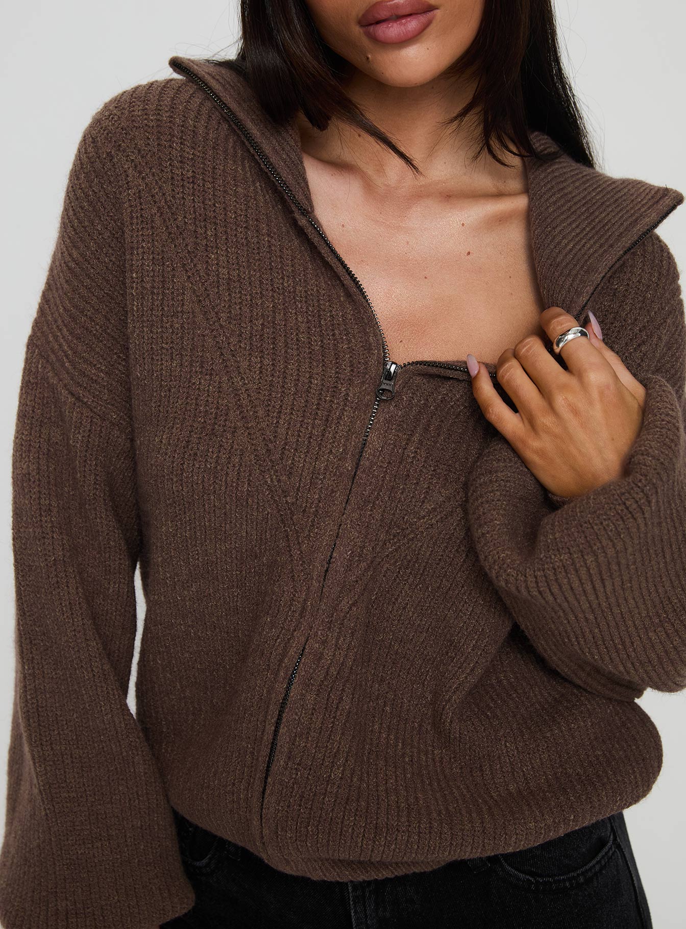 Hertford Zip Through Knit Sweater Brown women's sweater by Ellevoria
