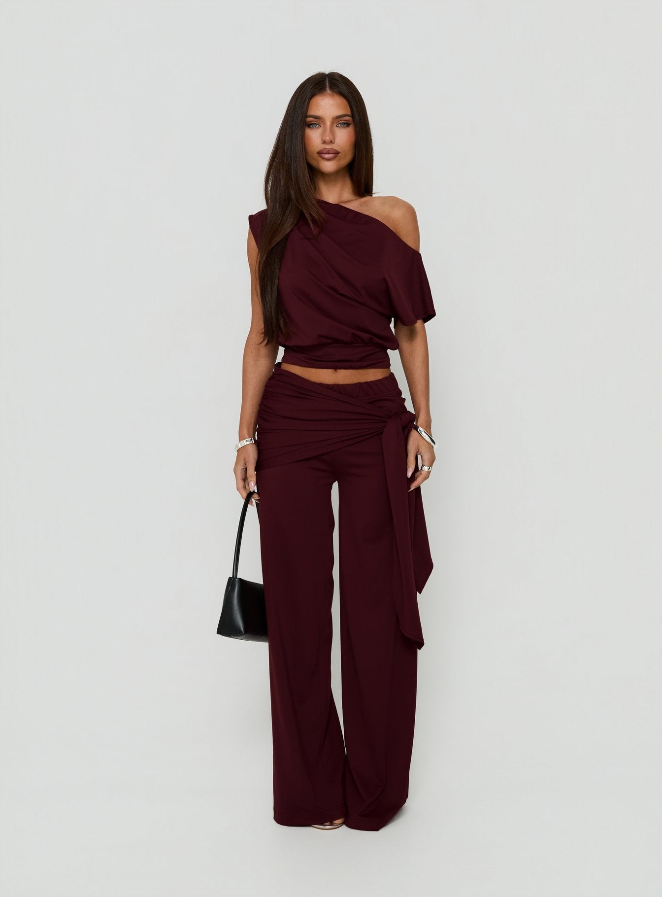 Hadlia Tie Waist Pants Burgundy women's pant set by Ellevoria