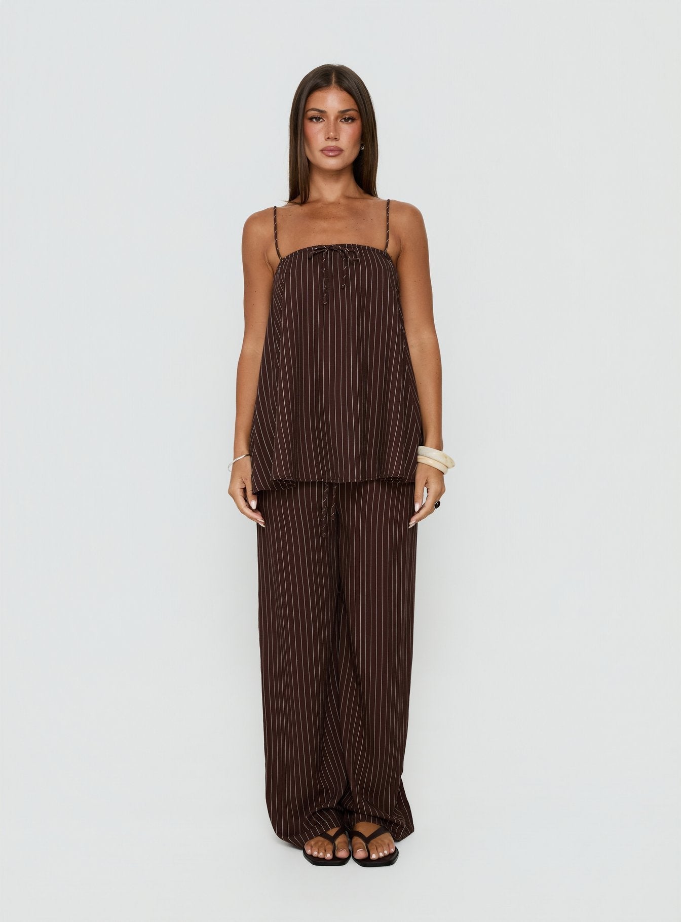 Amibella Mid Rise Wide Leg Pants Brown / Cream Stripe - loose fit women's bottoms by Ellevoria