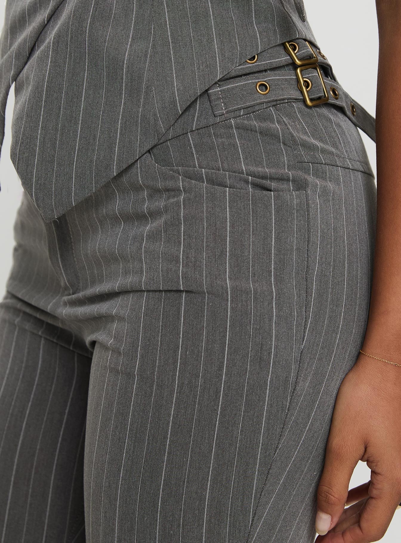 Calexico Buckle Pant Grey Pinstripe women's pant set by Ellevoria