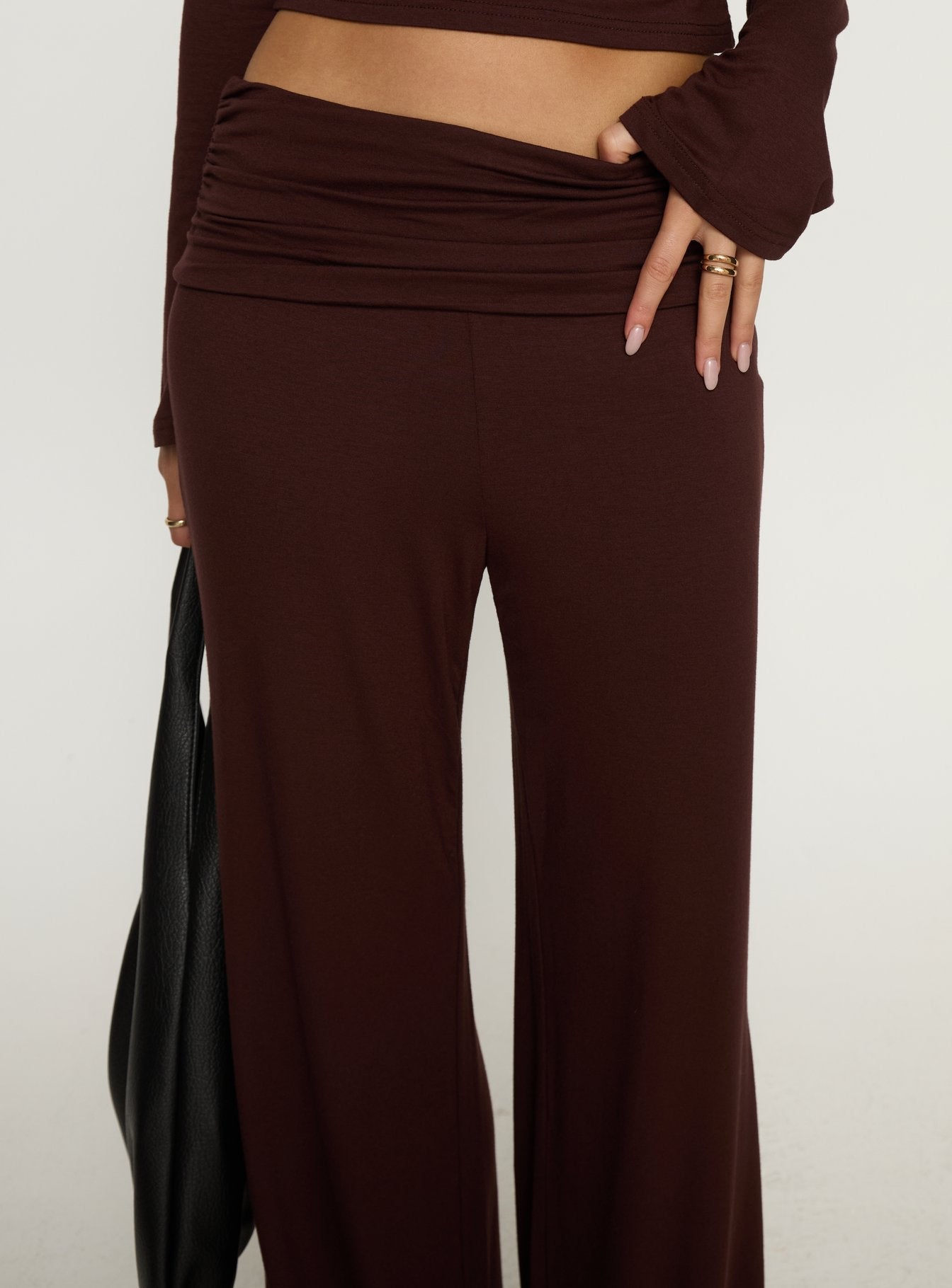 Fawne Ruched Folded Pants Brown women's pant set by Ellevoria