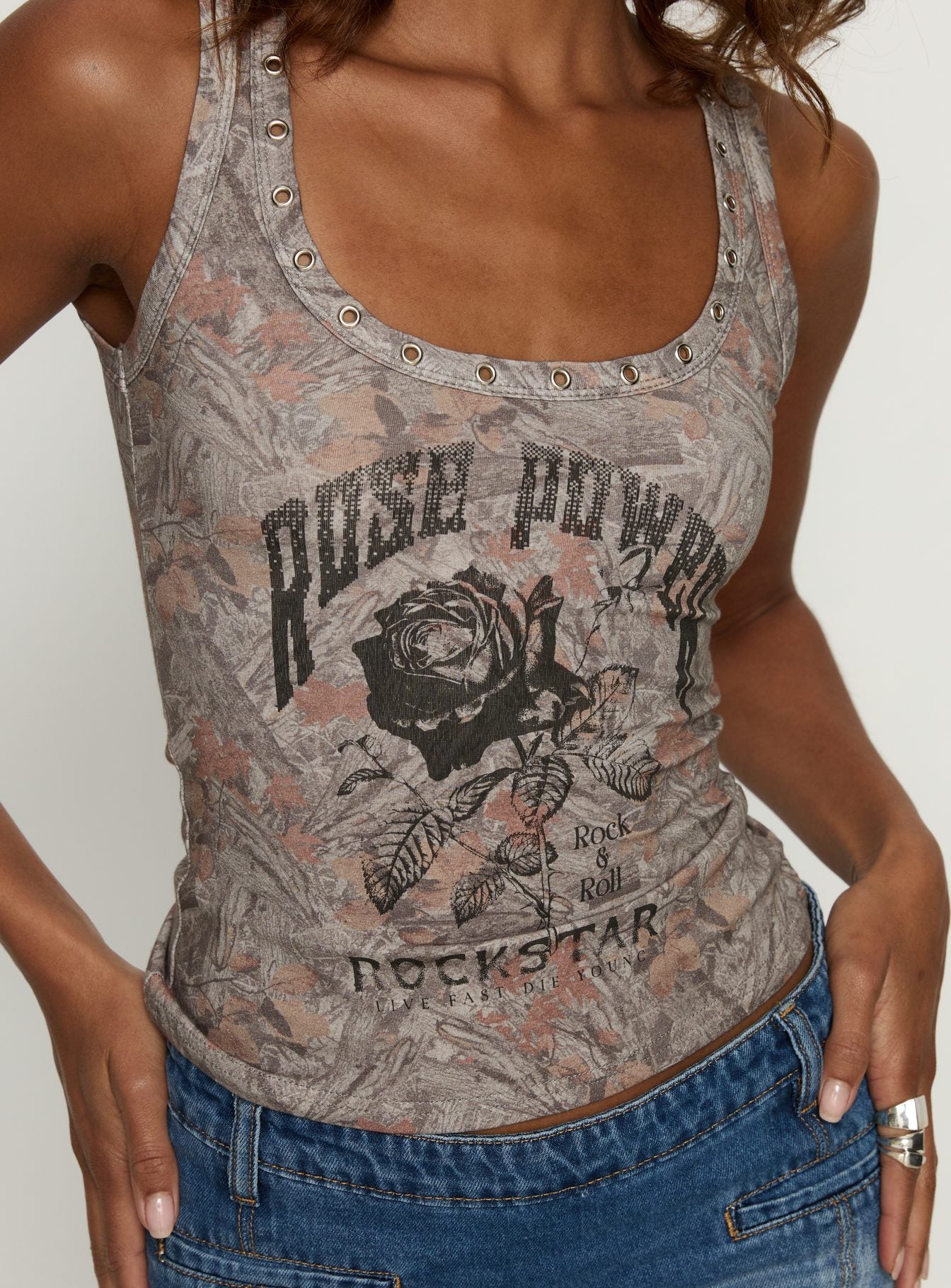 Rose Rockstar Eyelet Cargo Graphic Tank Camouflage - women's top by Ellevoria - view 6
