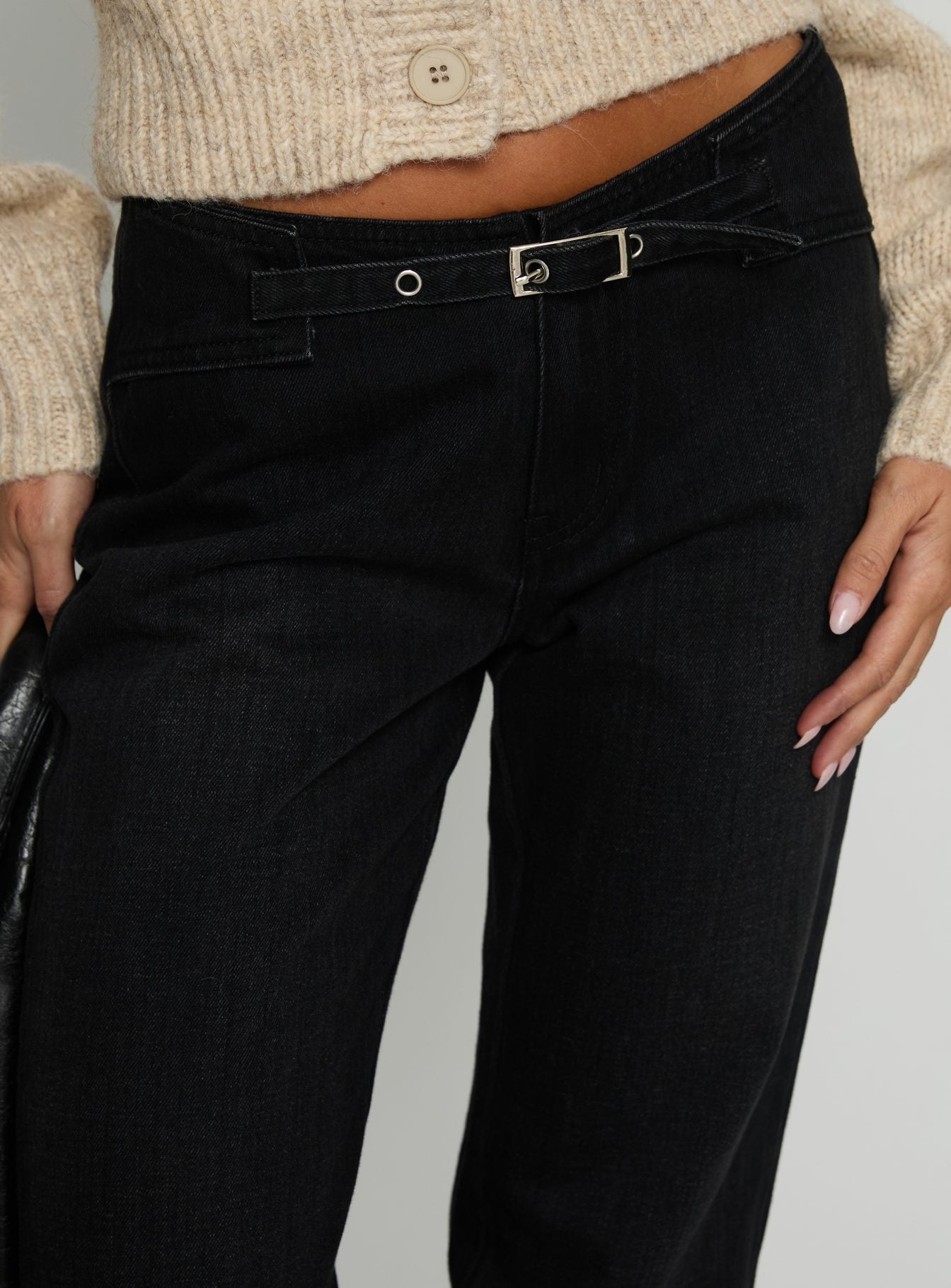 Slow Ride Mid Rise Bootleg Belted Jeans Washed Black women's denim jeans by Ellevoria